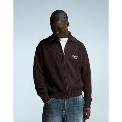 Bershka Embroidered Zip-Up Jacket Men M Brown