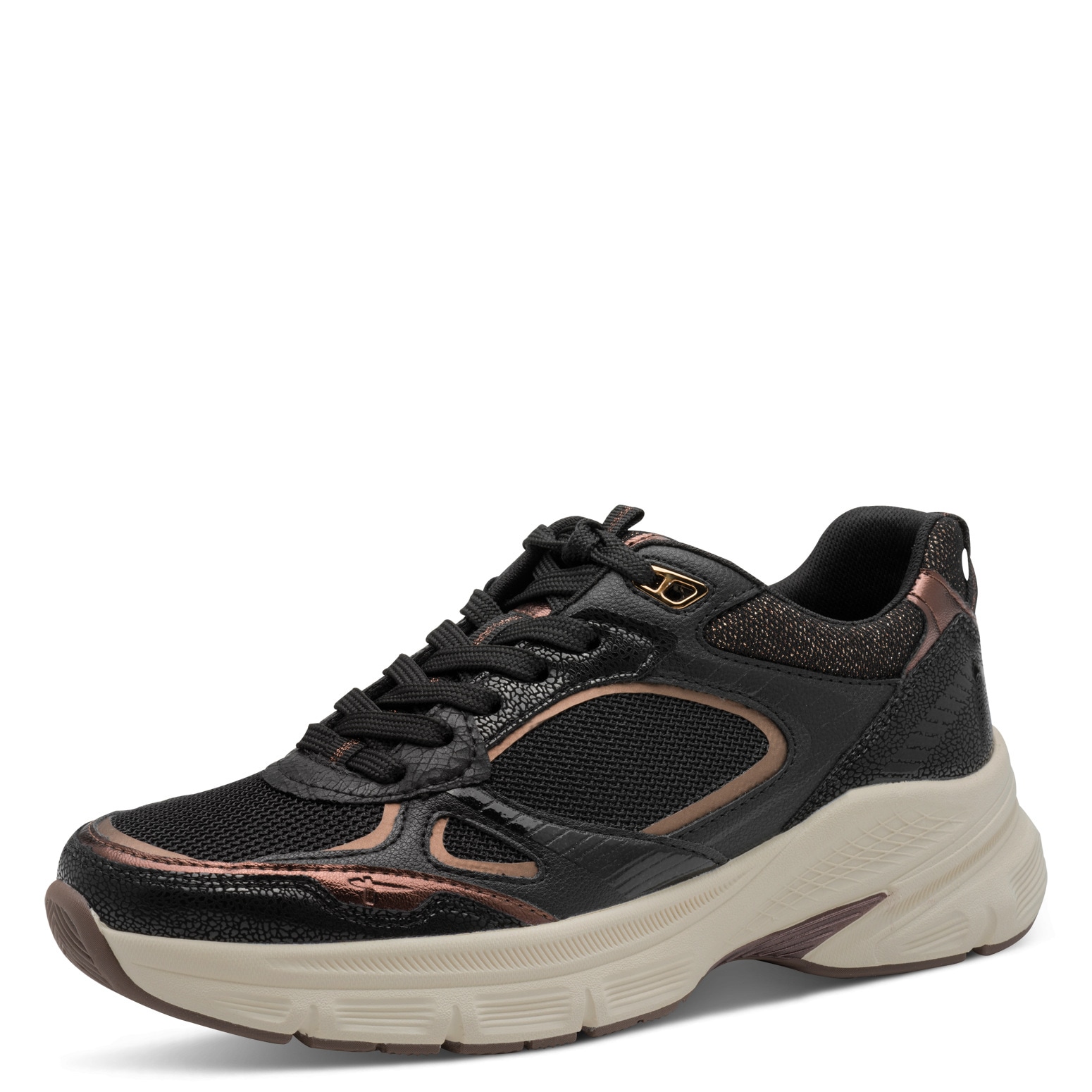 Plateausneaker TAMARIS, Damen, Gr. 40, schwarz (schwarz, bronzefarben), Lederimitat, Textil, metallic, Sportlich, Schuhe, Freizeitschuh, Halbschuh, Schnürer, Details in Metallicoptik