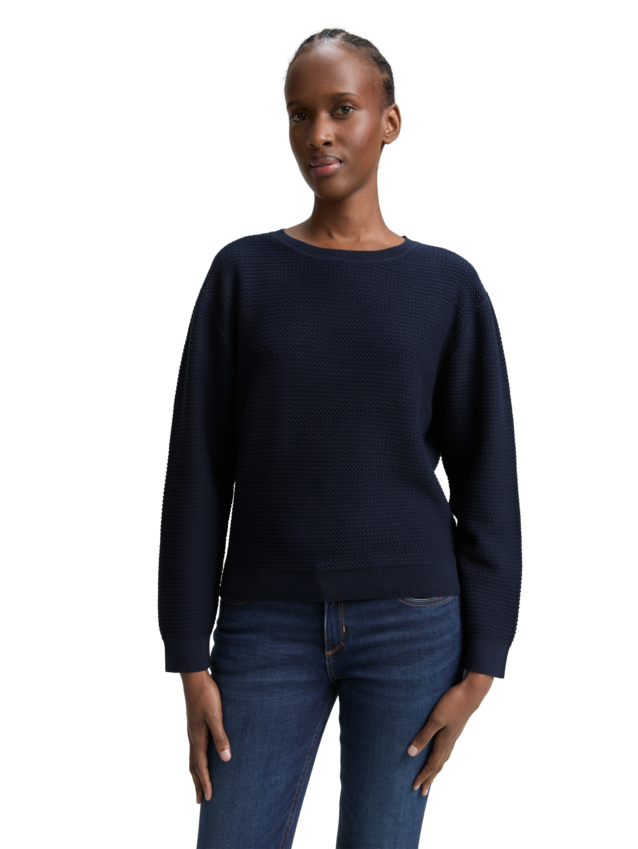 Strickpullover TOM TAILOR DENIM, Damen, Gr. L (40), blau (sky captain blau), Strick, Obermaterial: 100% Baumwolle, unifarben, regular fit taillenbedeckt, Rundhals, Rippbündchen, Pullover Strickpullover, mit Rippbündchen