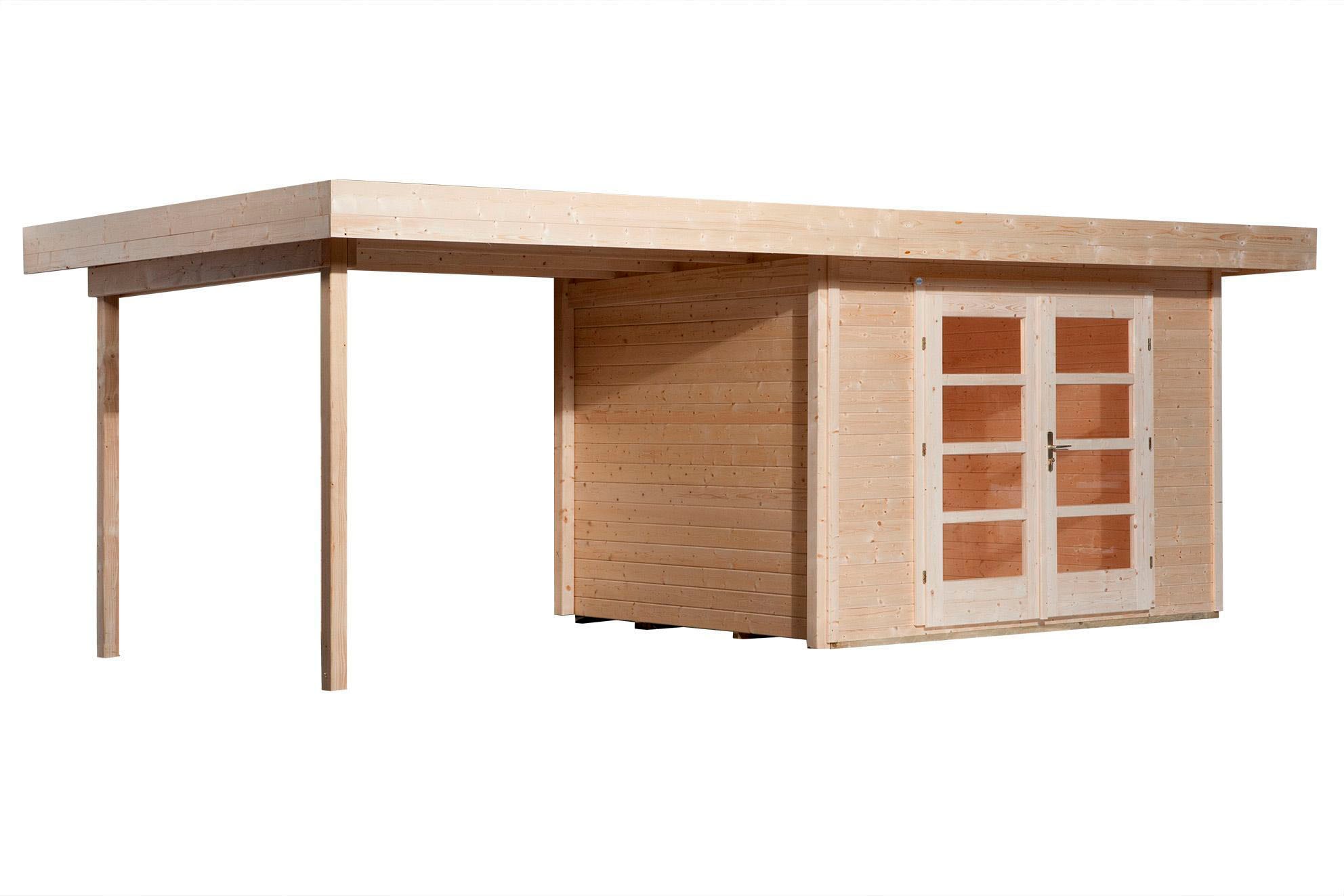 Gartenhaus WEKA "126 B Gr.2, natur, 28 mm, Anbau ca. 300 cm", beige (naturbelassen), Fußboden im Gartenhaus, ohne Rück- und Seitenwand, ohne Dacheindeckung, Holzwerkstoff, Gartenhäuser Image