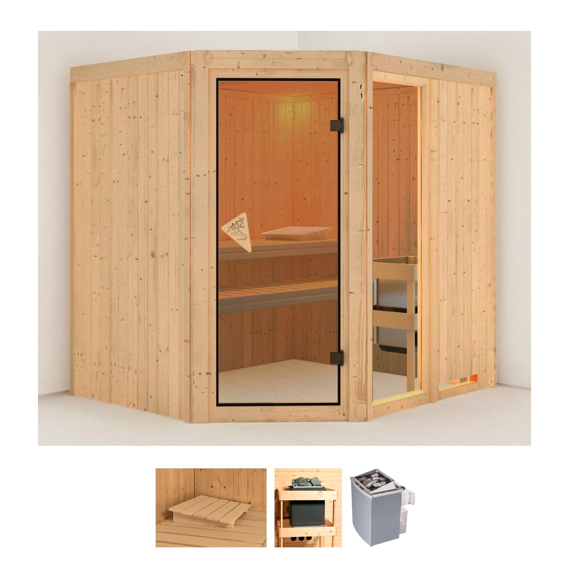 Sauna KARIBU "Frigga 2", beige (naturbelassen), Saunaofen, integrierte Steuerung, 9 kW, Saunen, Ofen 9 kW integr. Strg