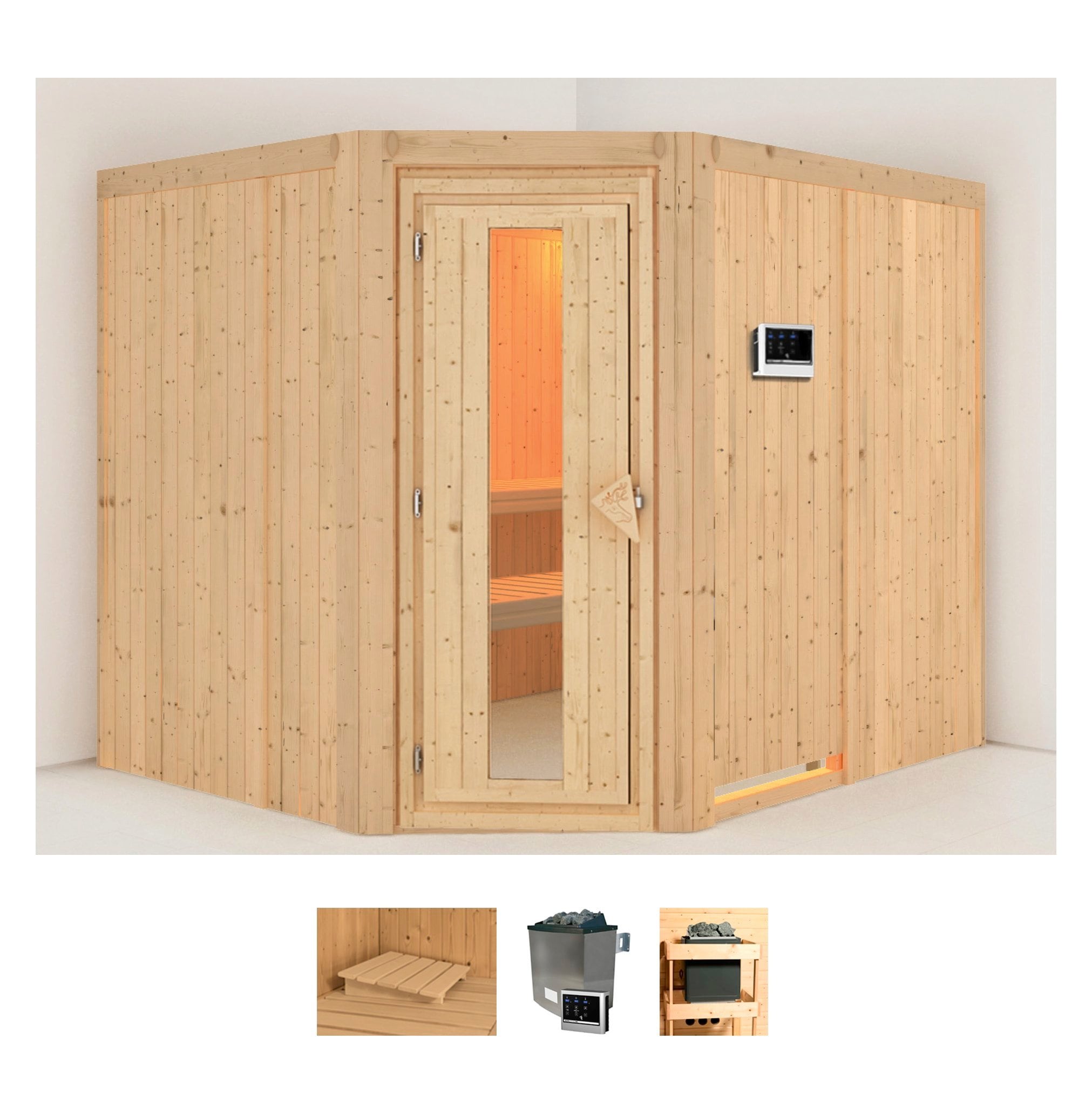 Sauna KARIBU "Marit", beige (naturbelassen), Saunaofen, externe Steuerung, 9 kW, Saunen, Ofen 9 KW externe Strg easy