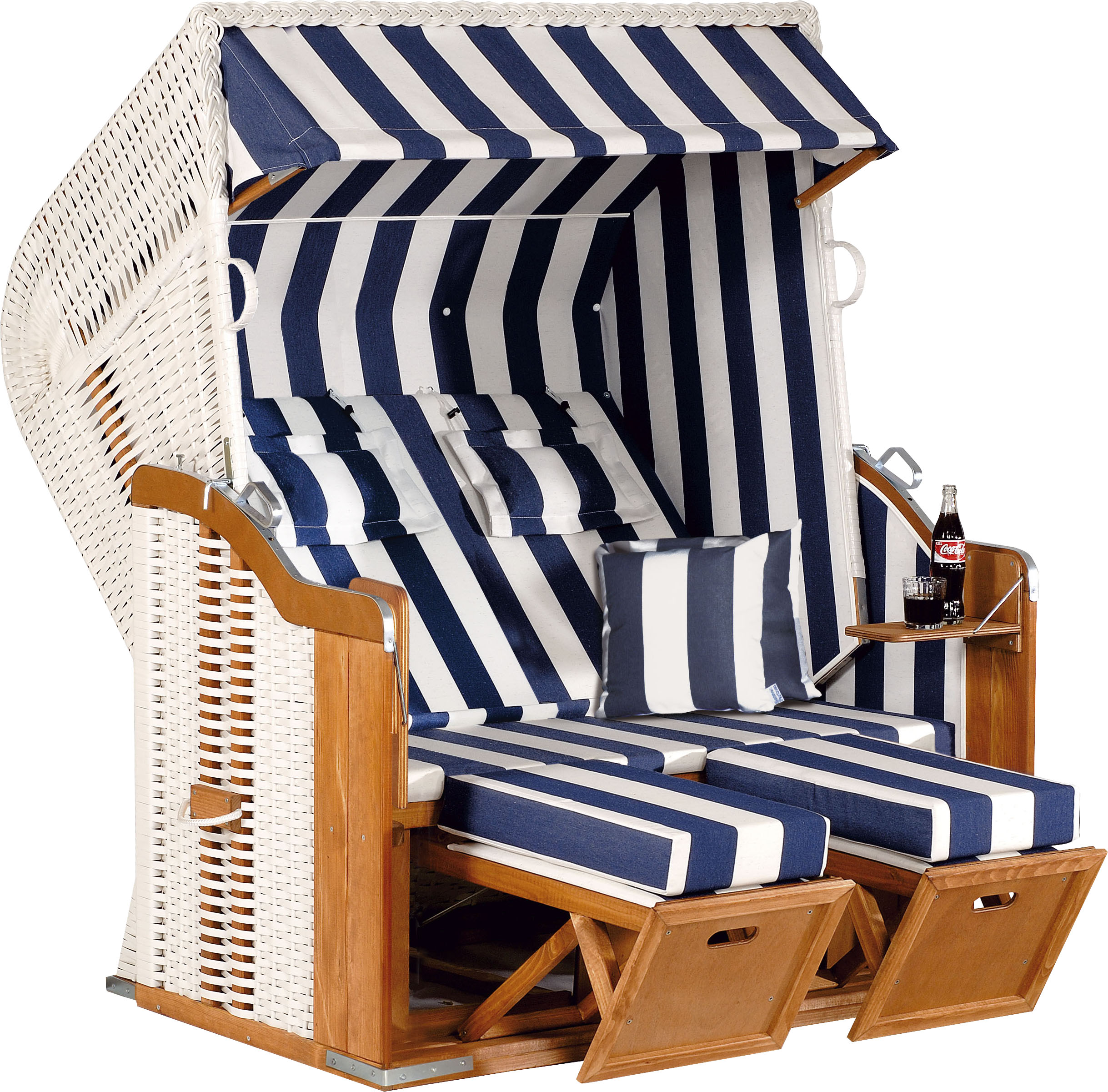 Strandkorb SUNNYSMART "Rustikal 250 Plus XL, TOPSELLER", weiß (korpus: natur, weiß bezug: blau, weiß), StrandkörbeB:145cm H:160cm T:90cm, 2 XL-Sitzer, komplett montiert, Oberkorb in einem Stück geflochten, B:145cm H:160cm T:90cm