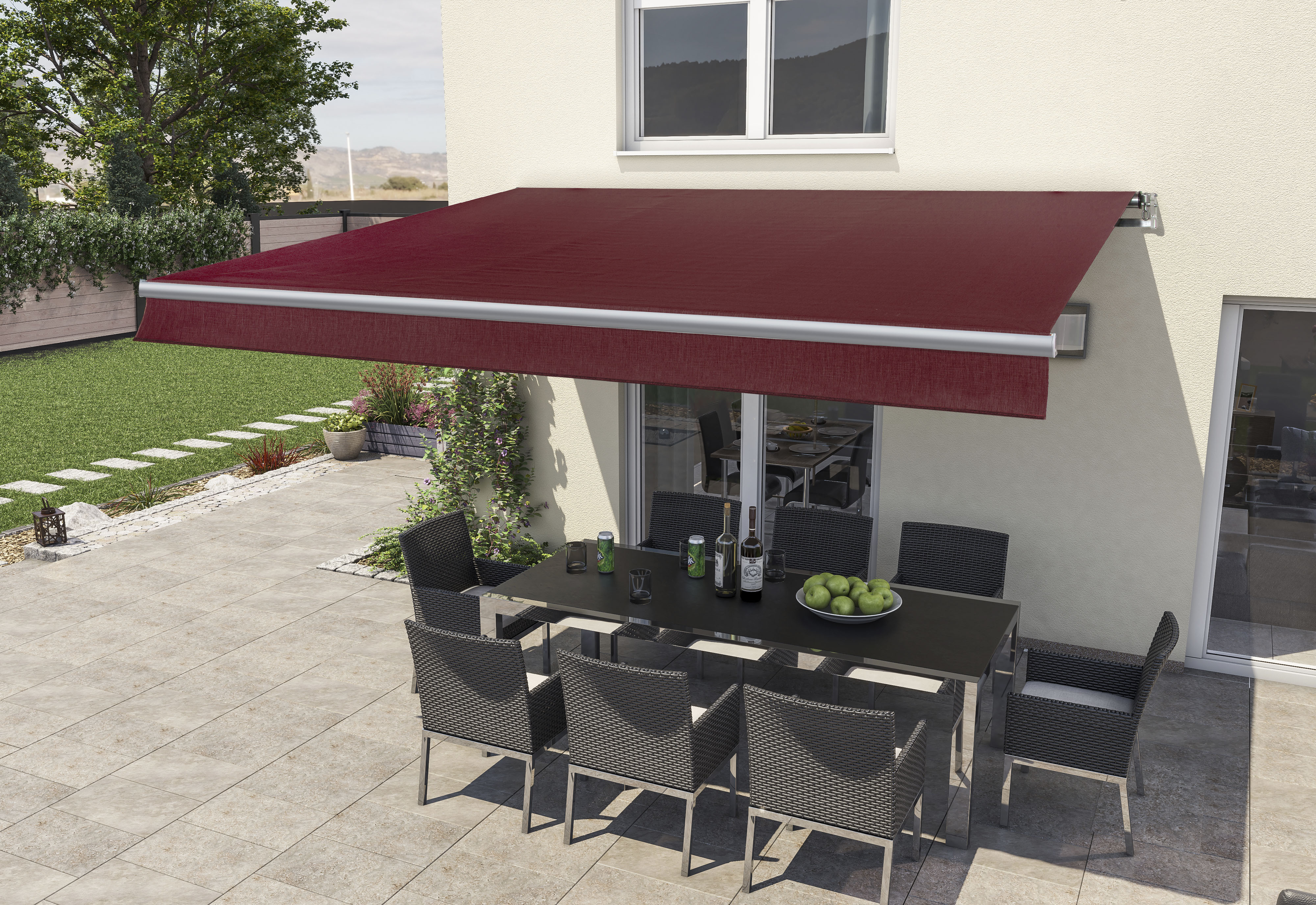 Gelenkarmmarkise WISMAR "Berlin", rot (bordeaux rot), B:300cm H:26cm L:30cm, Polyacryl, Markisen, SOLAR- Motor mit Funkfernbedienug, 300 x 200 cm