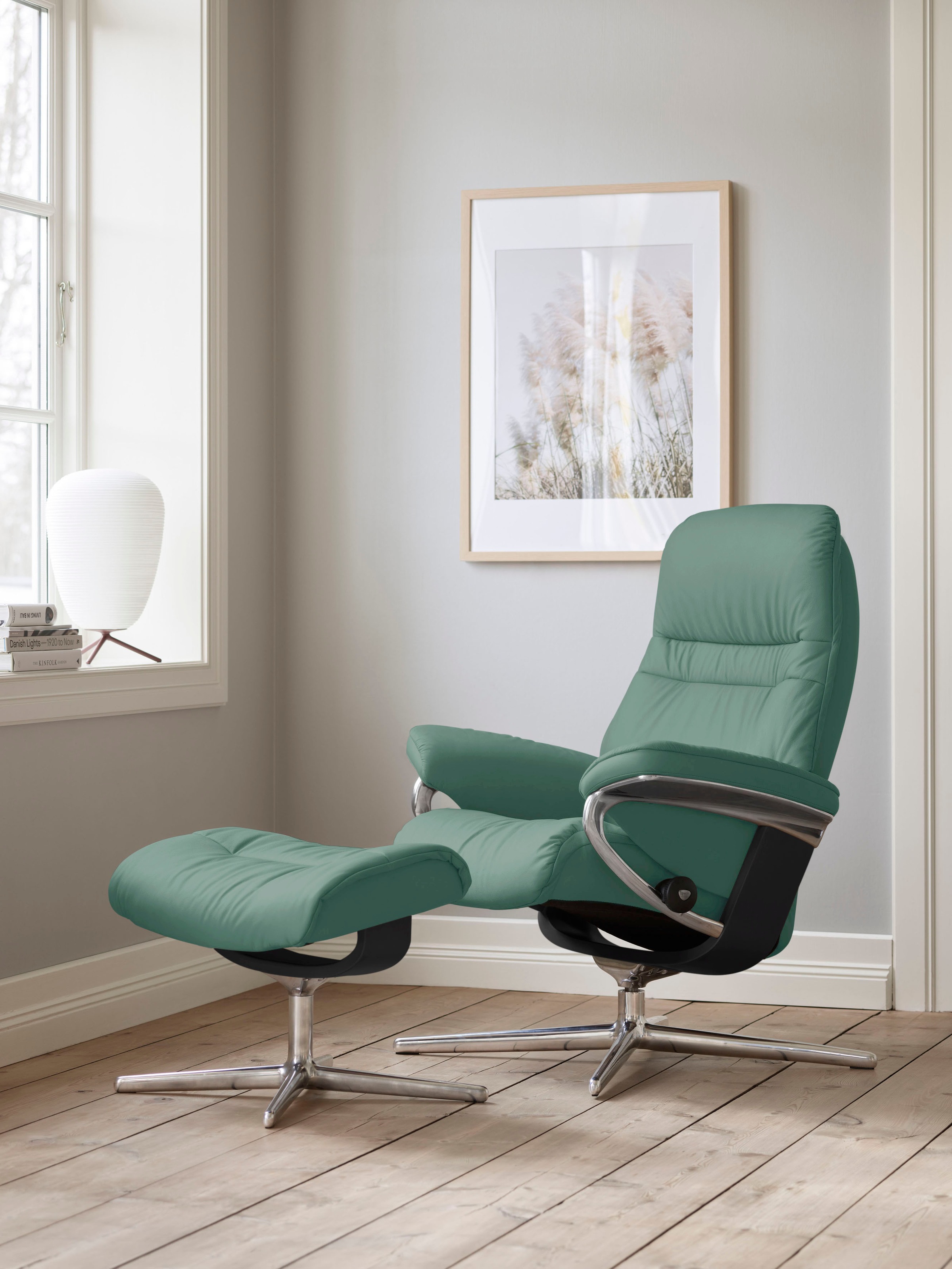 Relaxsessel STRESSLESS "Sunrise", grün (aqua grün paloma), B:79cm H:103cm T:73cm, Leder PALOMA: PALOMA ist ein durchgefärbtes Semianilin-Möbelleder mit natürlicher Narbung., Sessel, Relaxsessel, mit Hocker, mit Cross Base, Größe S, M & L, Holzakzent...