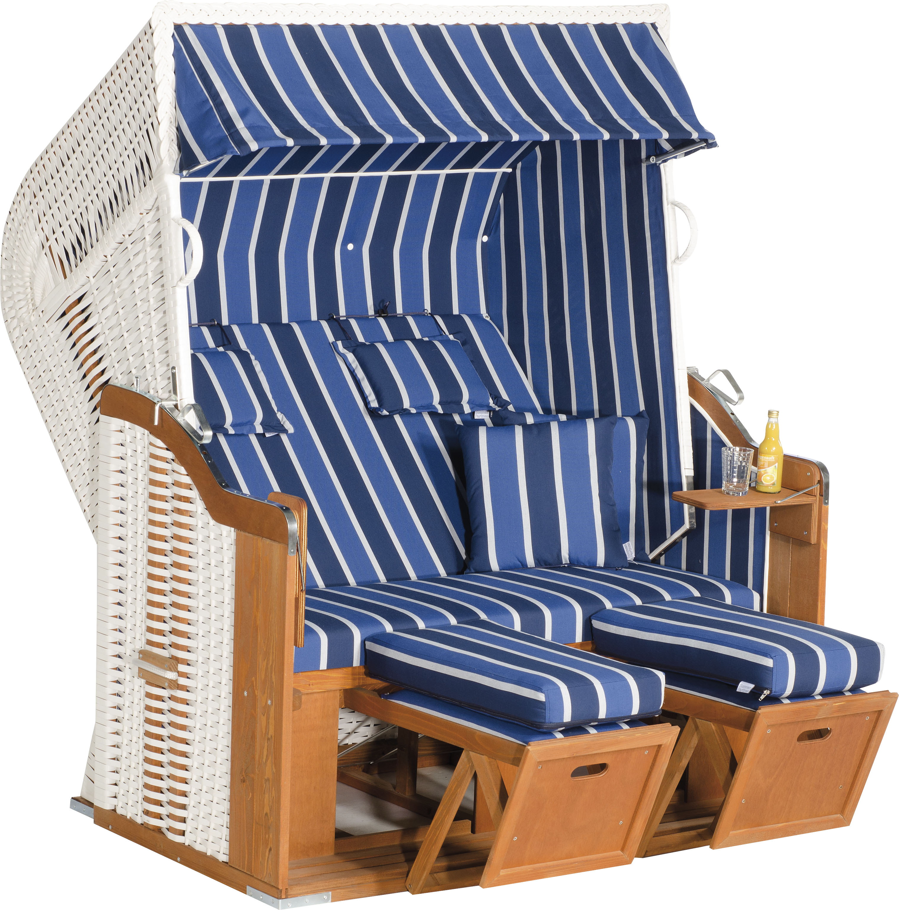 Strandkorb SUNNYSMART "Rustikal 250 Plus XL, TOPSELLER", weiß (korpus: natur, weiß bezug: dunkelblau, hellblau), StrandkörbeB:145cm H:160cm T:90cm, 2 XL-Sitzer, komplett montiert, Oberkorb in einem Stück geflochten, B:145cm H:160cm T:90cm