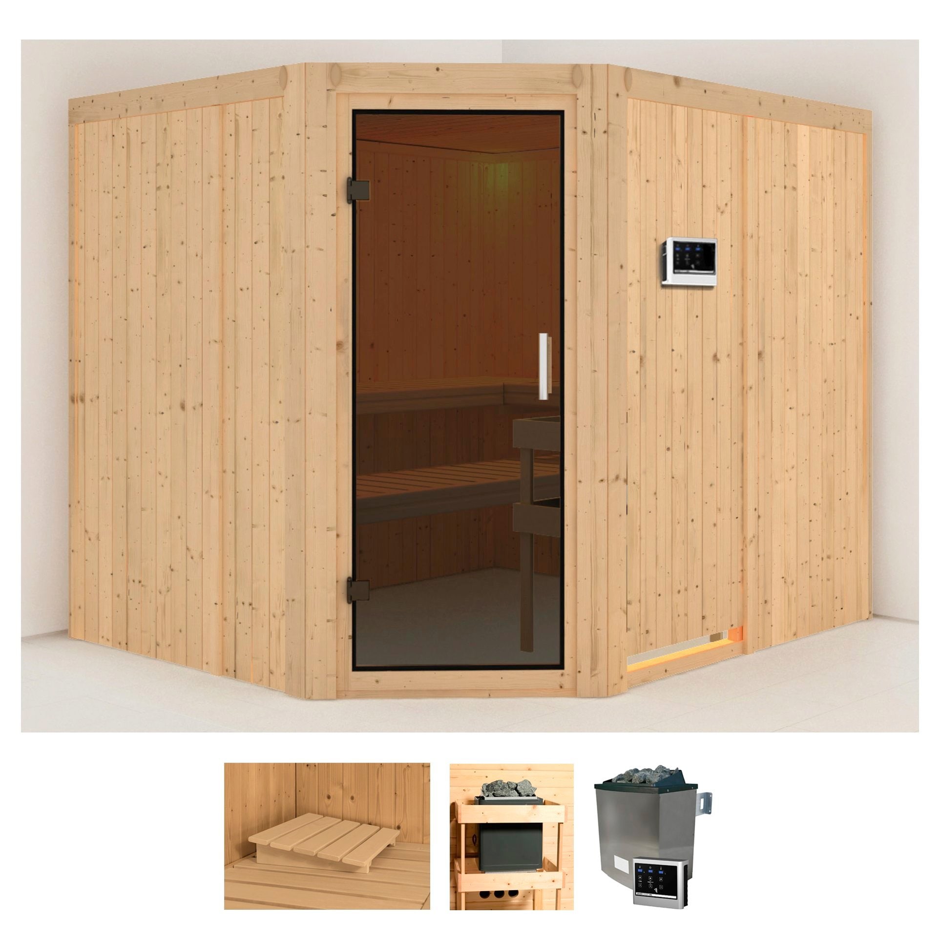 Sauna KARIBU "Marit", beige (naturbelassen), Saunaofen, externe Steuerung, 9 kW, Saunen, 9-kW-Ofen mit externer Steuerung Image