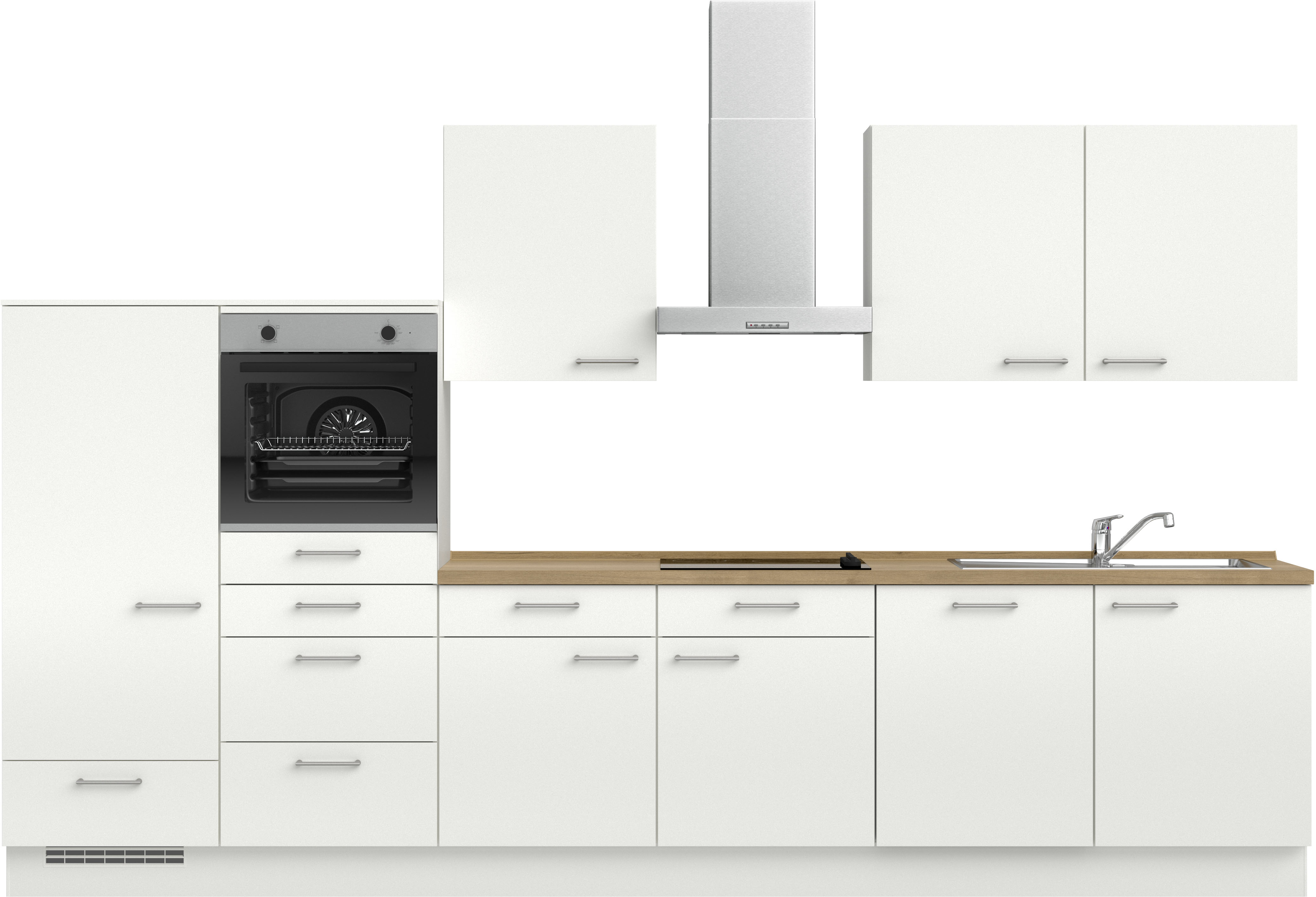 Küchenzeile NOBILIA "Laser I", NEU: individuell anpassbar mit gratis Profi-Beratung", weiß (küche: weiß, korpus: alpinweiß, arbeitsplatte: eiche havanna nachbildung), B:360,3cm H:216,6cm T:60cm, Komplettküchen-Sets, Küchenzeile, vormontiert, 180 cm... Image