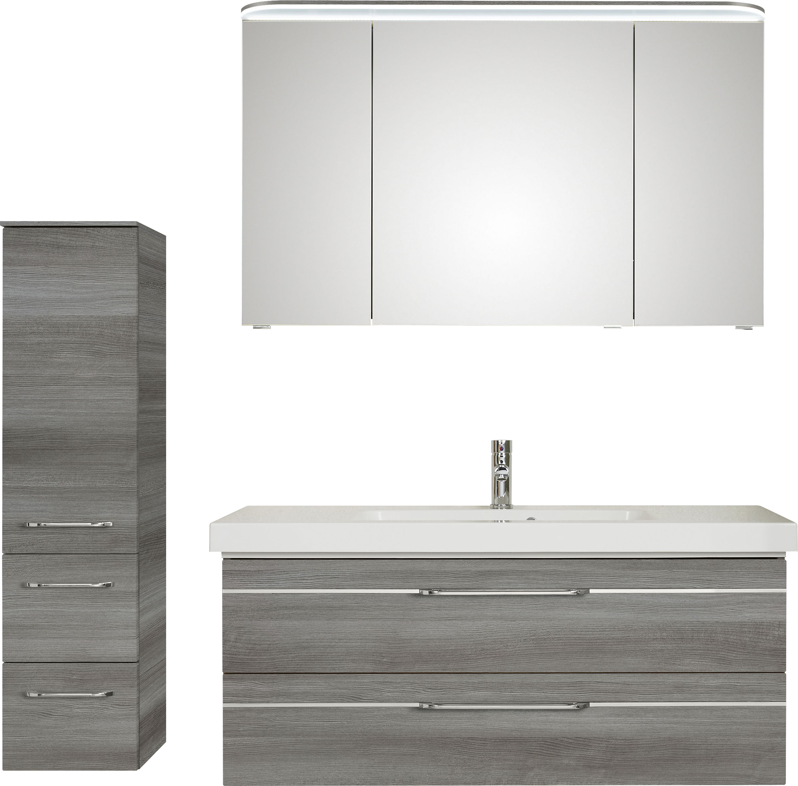 Badmöbel-Set SAPHIR "Balto Sprint 3-teilig, Mineralmarmor-Waschtisch mit LED-Spiegelschrank", grau (graphit struktur quer nachbildung), B:153cm H:200cm T:50,8cm, Spanplatte, Kastenmöbel-Sets, Badezimmer Set mit Midischrank inkl Türdämpfer, 4 Türen,... Image