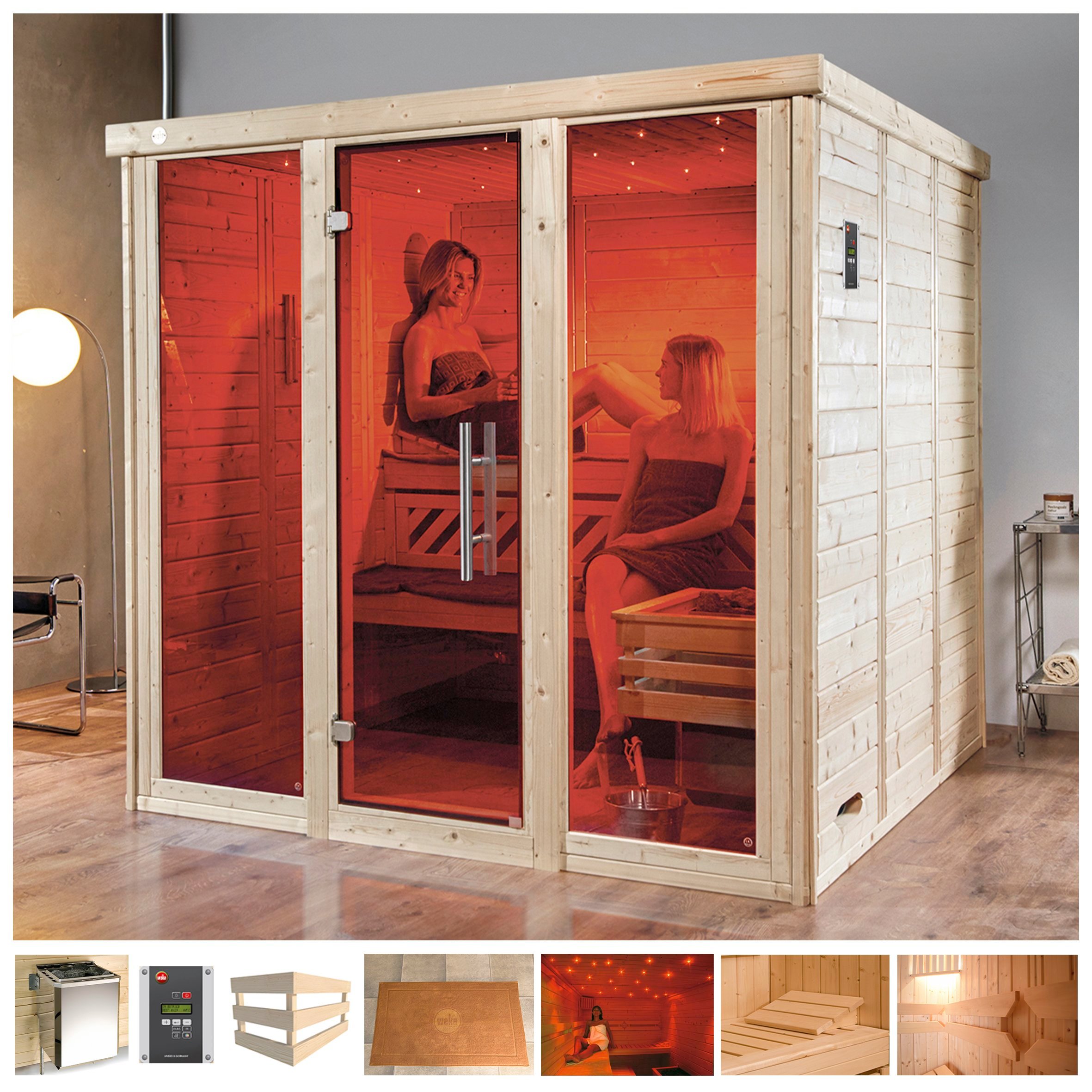 Sauna WEKA "Kemi Panorama", beige (naturbelassen), Bio-Kombiofen, externe Steuerung, 7,5 kW, Saunen, 7,5 kW Bio-Ofen mit ext. Steuerung