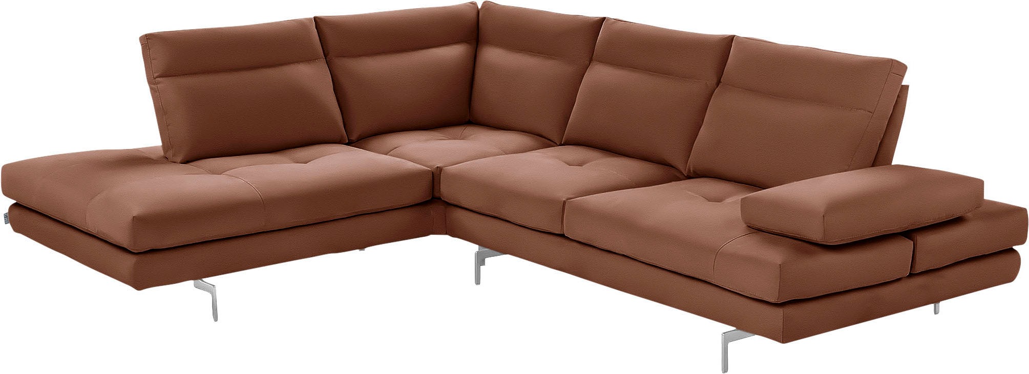 Ecksofa CALIA ITALIA "Toby Wing, L-Form, Multifunktionssofa, bequem und edel", braun (cognac bull), B:228cm H:90cm T:232cm, Leder BULL (100% Leder), Sofas, Ecksofa, Sitztiefenverstellung und Armteilfunktion, Füße chrom glänzend