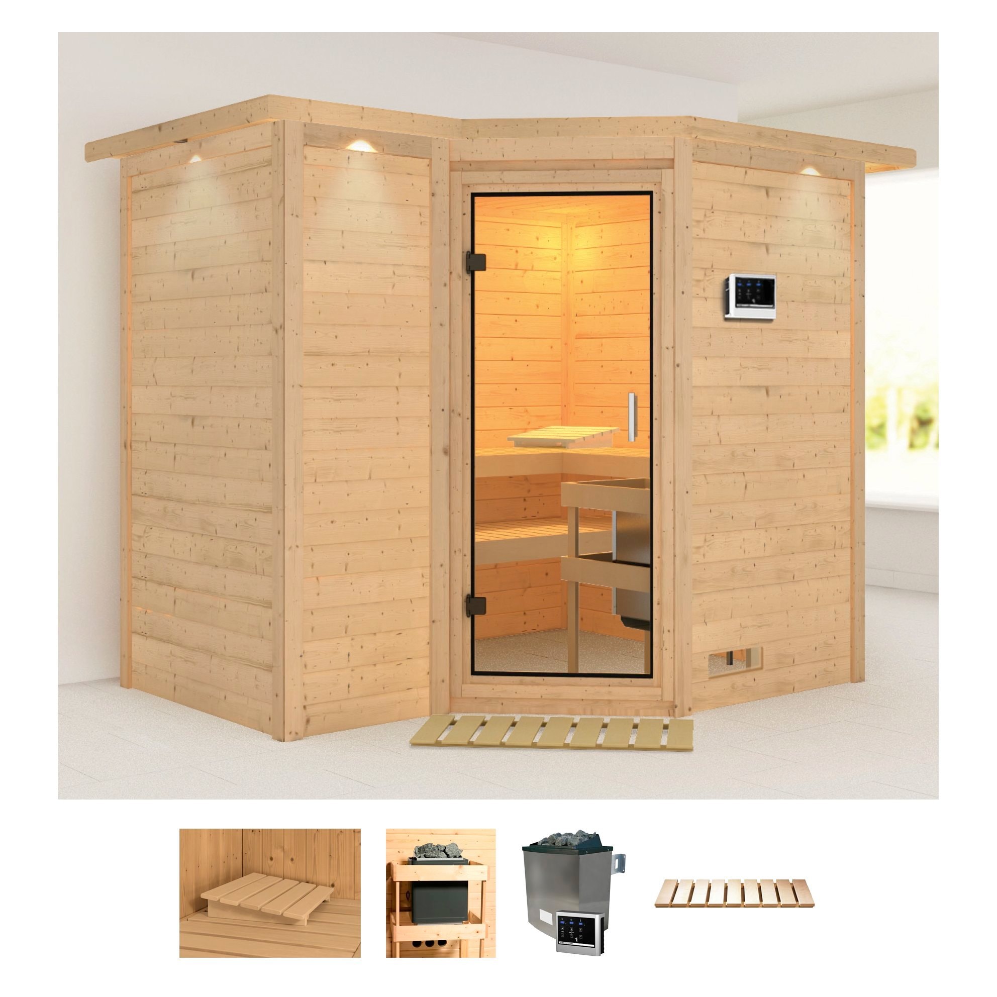 Sauna KARIBU "Sanna 2", beige (naturbelassen), Saunaofen, externe Steuerung, 9 kW, Saunen, 9-kW-Ofen mit externer Steuerung Image