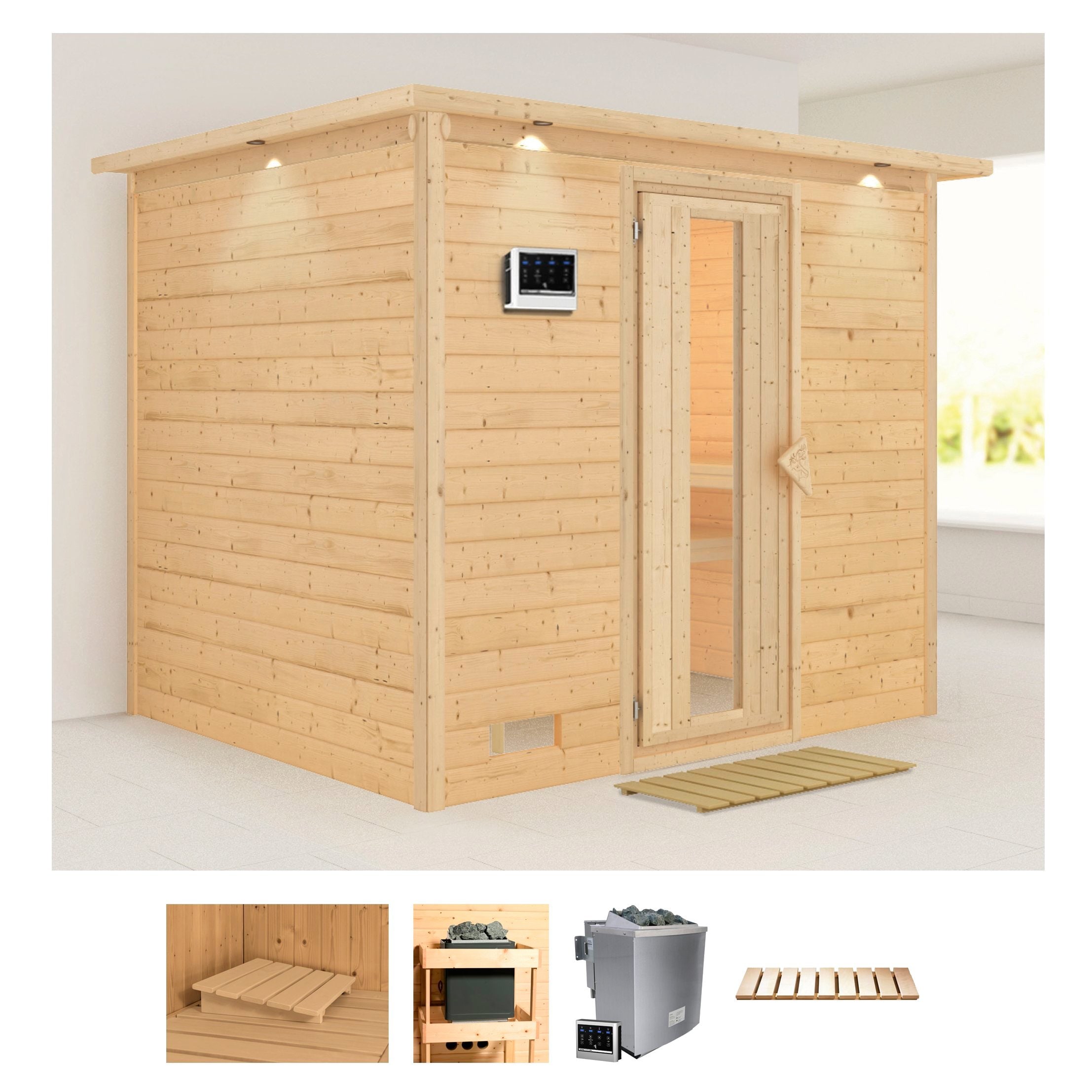 Sauna KARIBU "Soraja", beige (naturbelassen), Bio-Kombiofen, externe Steuerung, 9 kW, Saunen, 9-kW-Bio-Ofen mit externer Steuerung Image