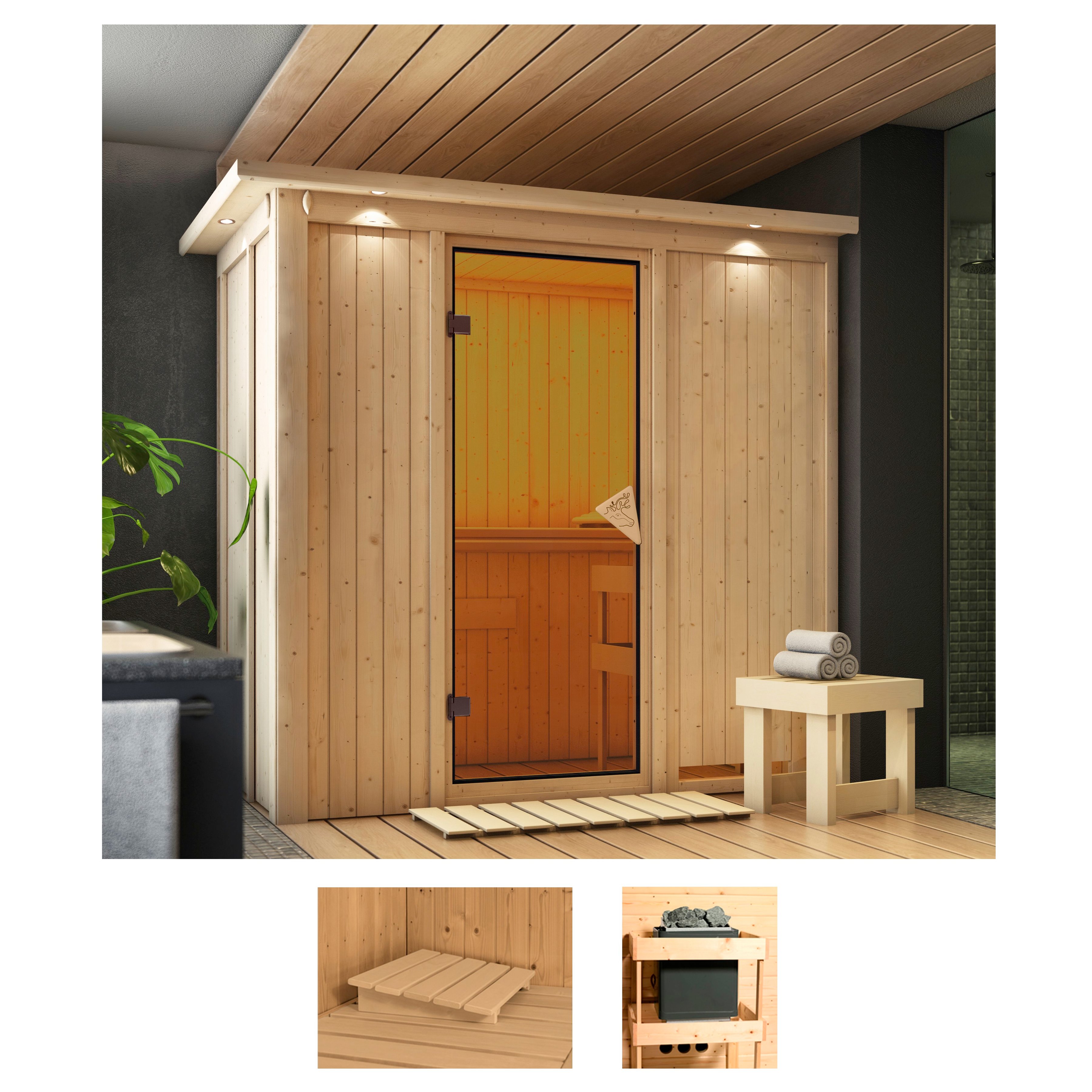 Sauna KARIBU "Vada", beige (naturbelassen), ohne Ofen, (ohne Ofen), Saunen, ohne Ofen Image