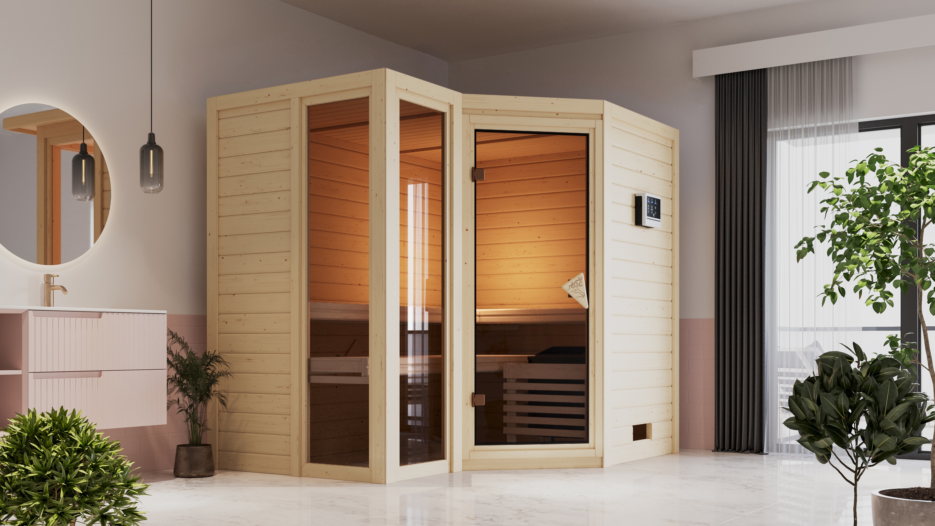 Sauna KARIBU "Amada", beige (naturbelassen), Saunaofen, externe Steuerung, 9 kW, Saunen, 9-kW-Ofen mit externer Steuerung Image