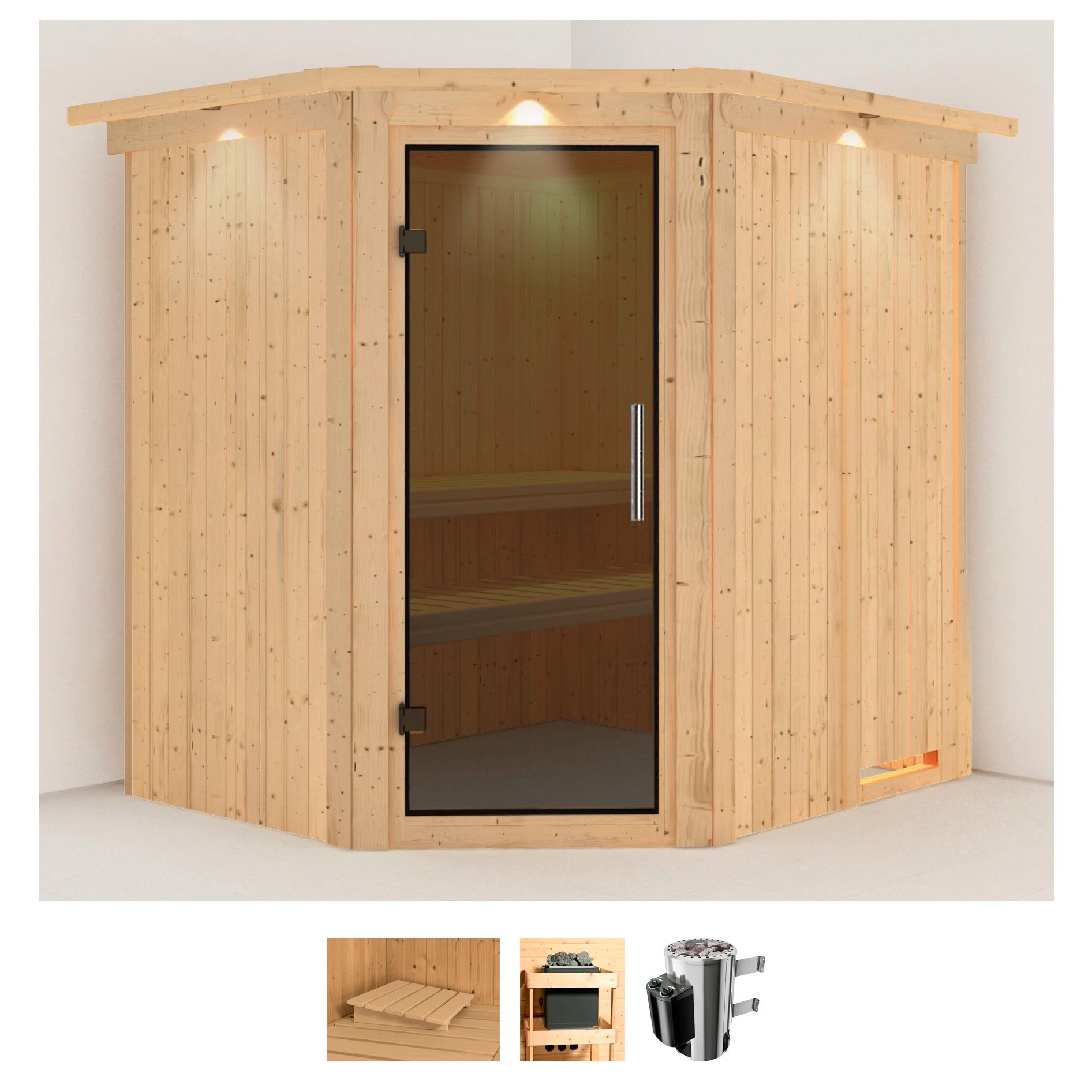Sauna KARIBU "Laila", beige (naturbelassen), Saunaofen, integrierte Steuerung, 3,6 kW, Saunen, Ofen 3,6 kW intgr. Strg Image