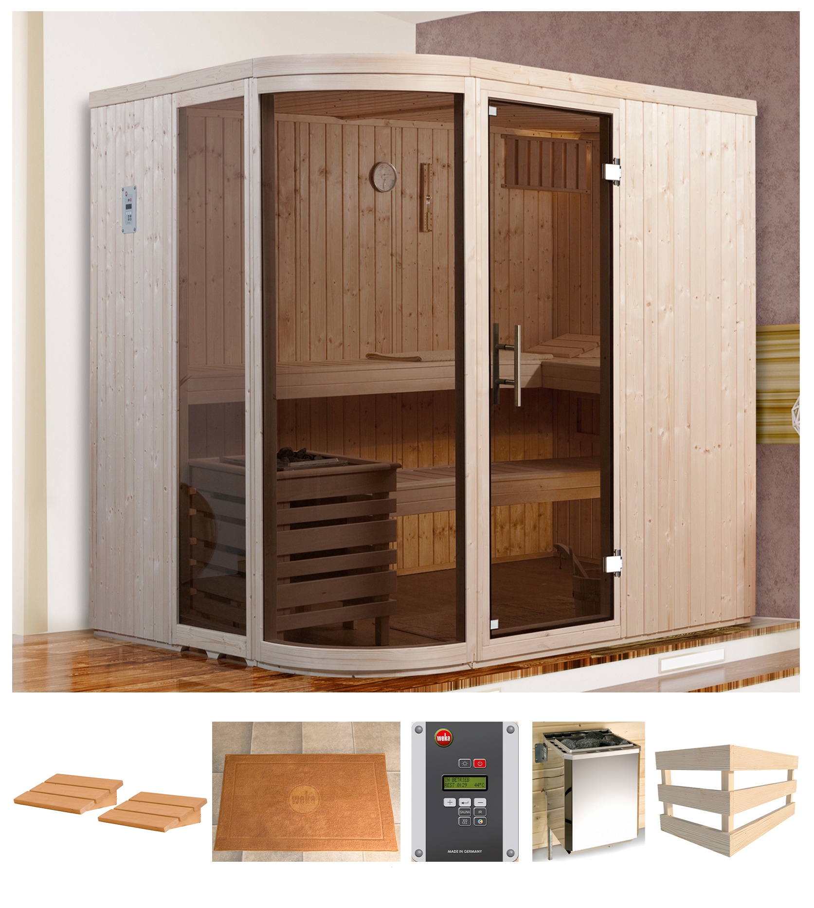 Sauna WEKA "Sara 1", beige (natur), Saunaofen, externe Steuerung, 7,5 kW, Saunen, 7,5 kW Ofen mit ext. Steuerung