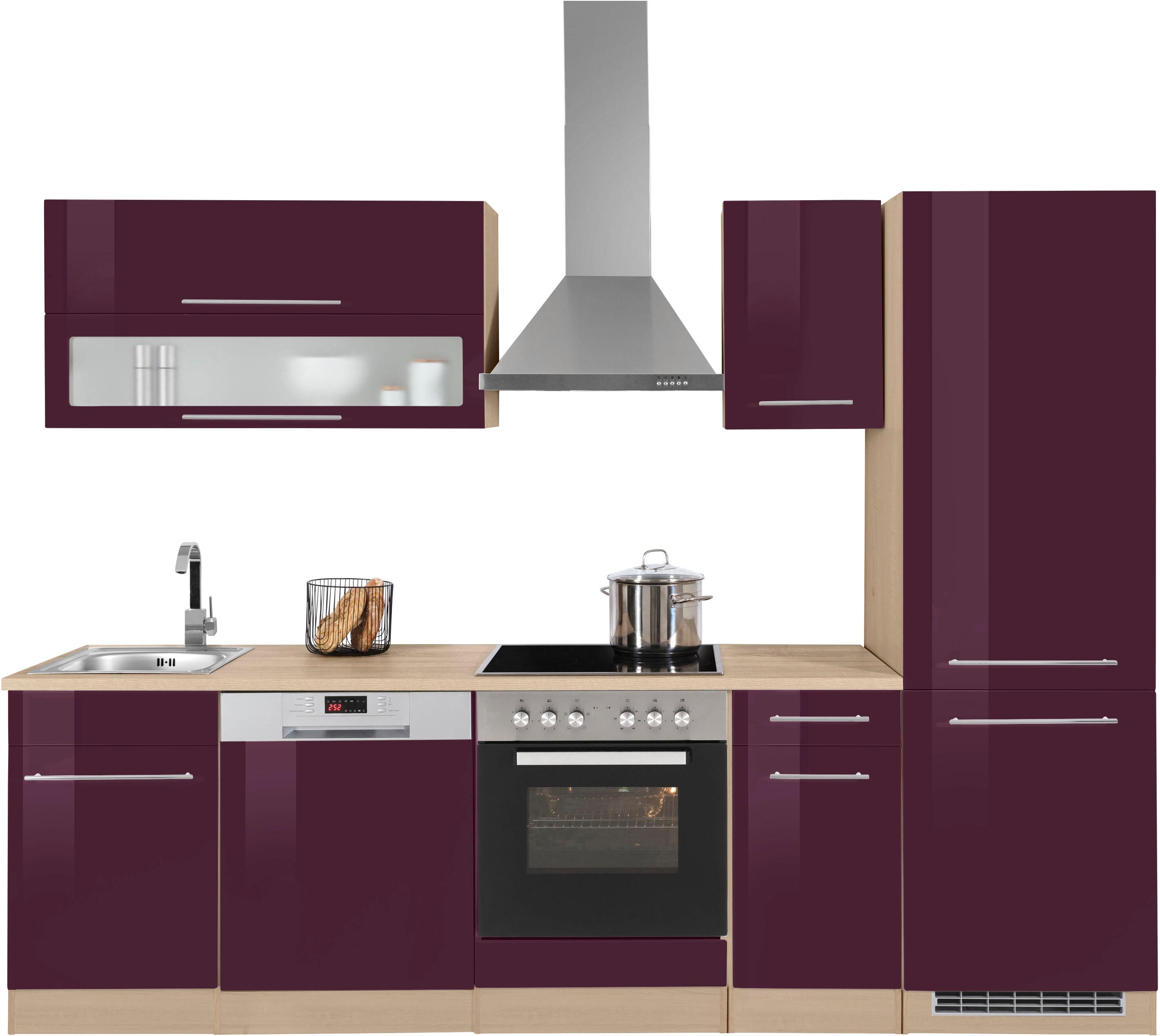 Küchenzeile KOCHSTATION "KS-Eton", lila (küche: lila, korpus: eichefarben, arbeitsplatte: eichefarben), B:270cm T:60cm, Komplettküchen-Sets, ohne E-Geräte, Breite 270 cm Image