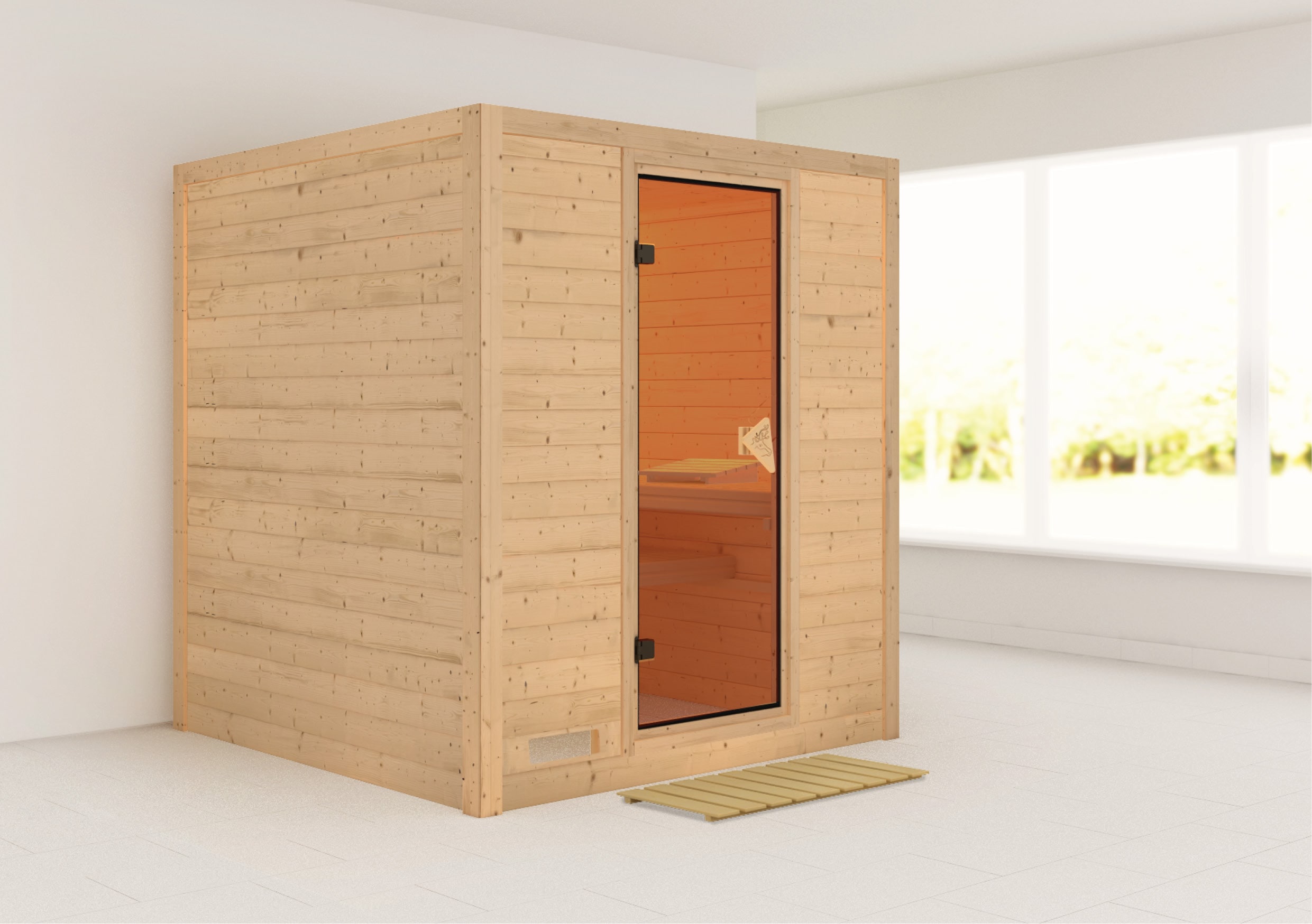 Sauna KARIBU "Menja", beige (naturbelassen), ohne Ofen, (ohne Ofen), Saunen, ohne Ofen Image