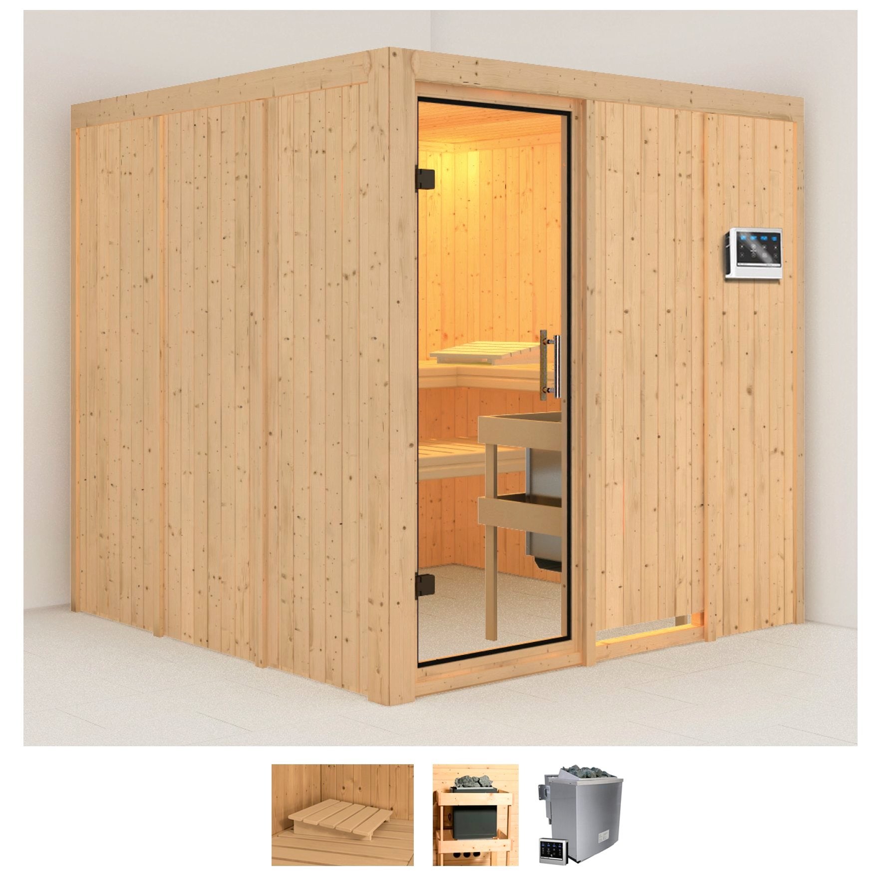 Sauna KARIBU "Rodin", beige (naturbelassen), Bio-Kombiofen, externe Steuerung, 9 kW, Saunen, Ofen 9 kW Bio externe Strg easy Image
