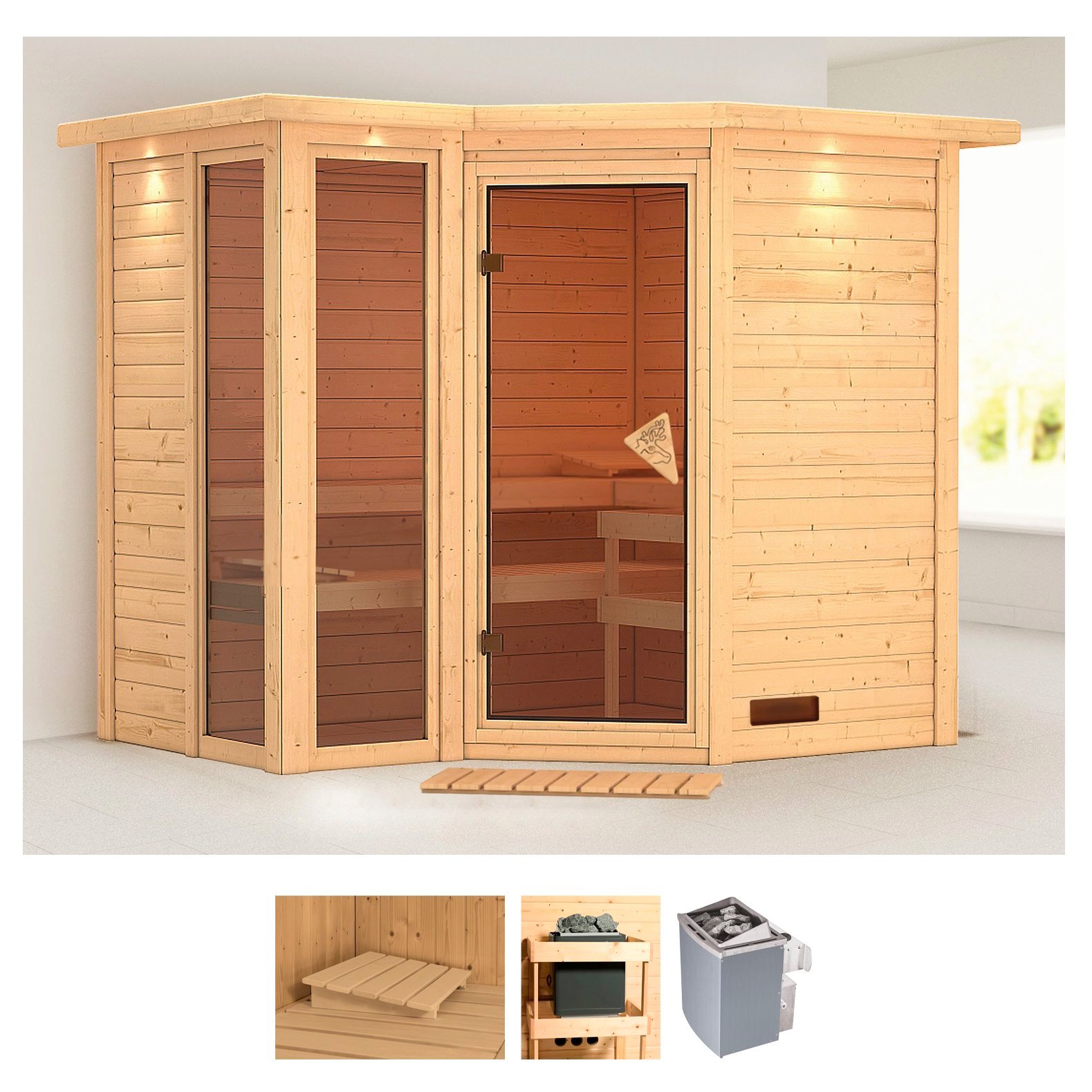 Sauna KARIBU "Amada", beige (naturbelassen), Saunaofen, integrierte Steuerung, 9 kW, Saunen, 9-kW-Ofen mit integrierter Steuerung Image
