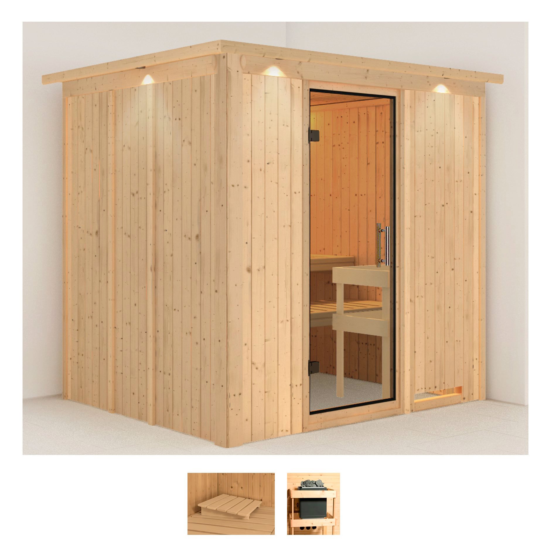 Sauna KARIBU "Sodin", beige (naturbelassen), ohne Ofen, (ohne Ofen), Saunen, ohne Ofen Image