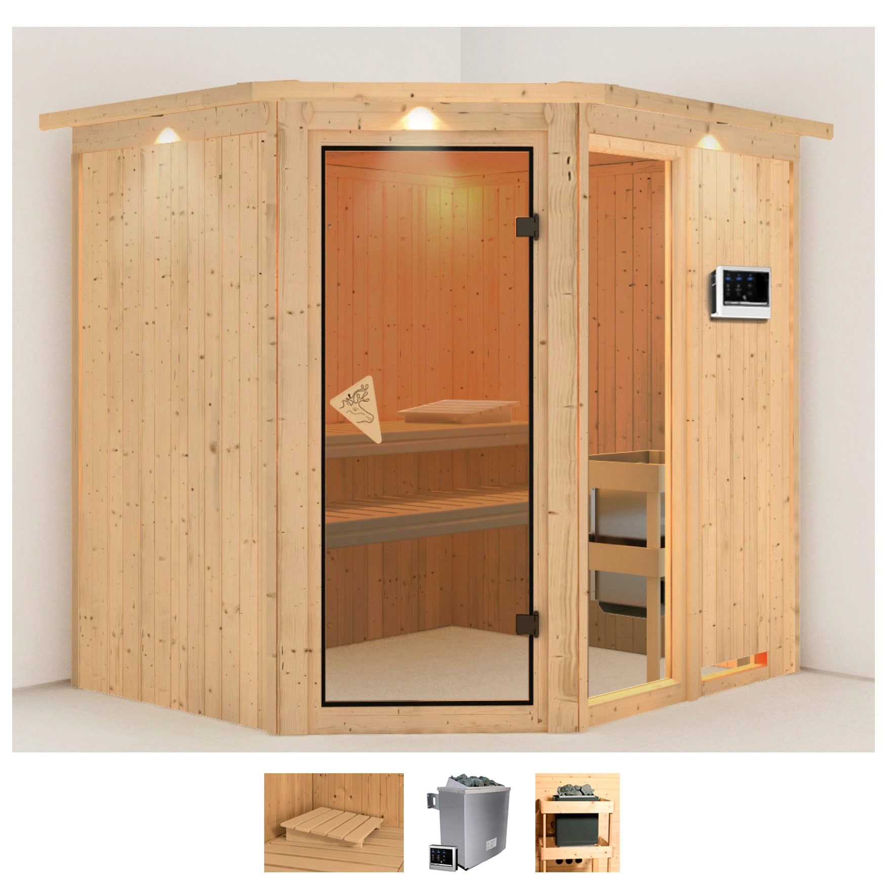Sauna KARIBU "Frigga 2", beige (naturbelassen), Saunaofen, externe Steuerung, 9 kW, Saunen, 9-kW-Ofen mit externer Steuerung Image