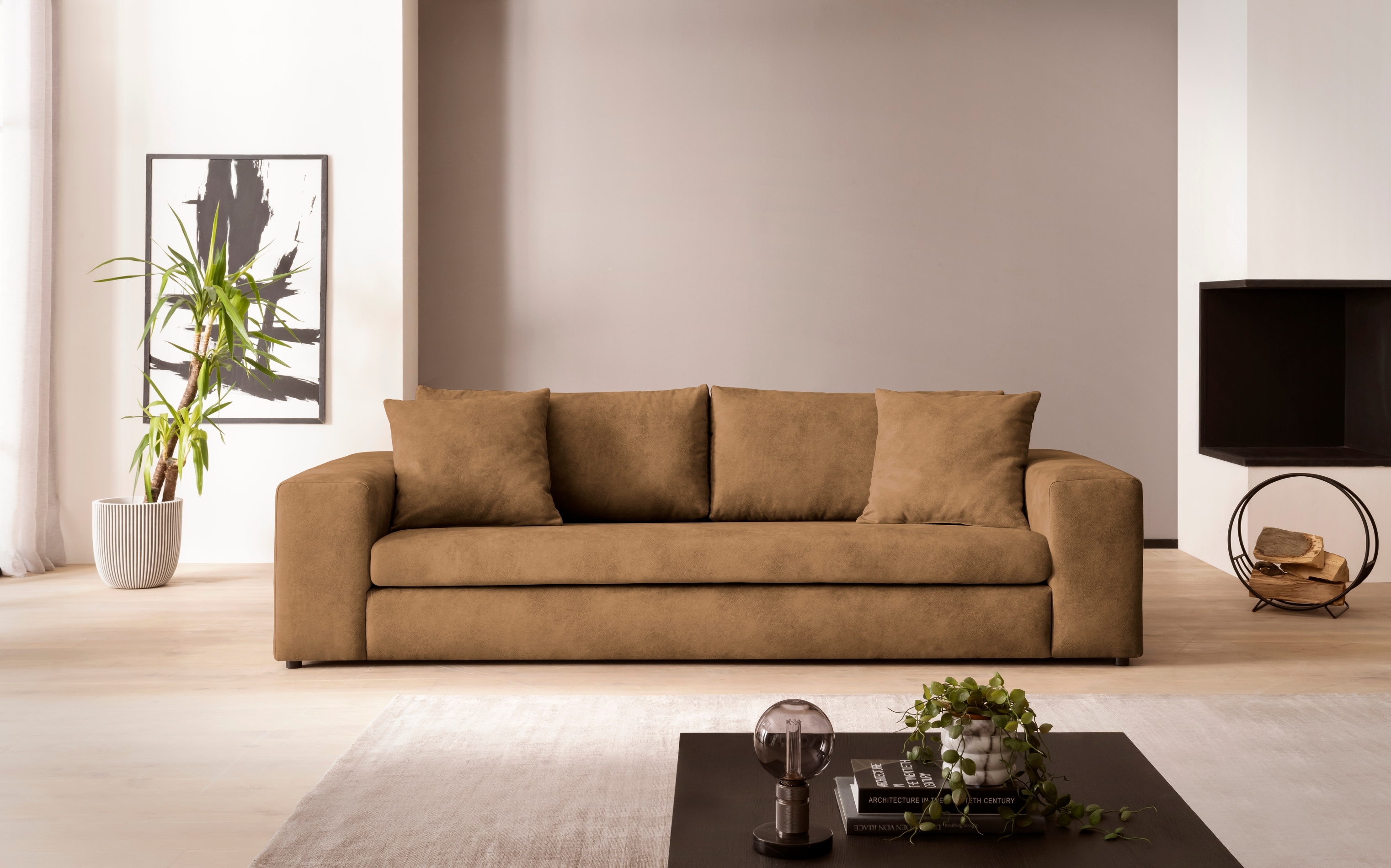 3-Sitzer HOME AFFAIRE "SLEETLAND XXL in Samtvelours oder Vintage-Leder-Optik", braun (cognac), B:270cm H:72cm T:113cm, Sofas, besonders groß und bequem