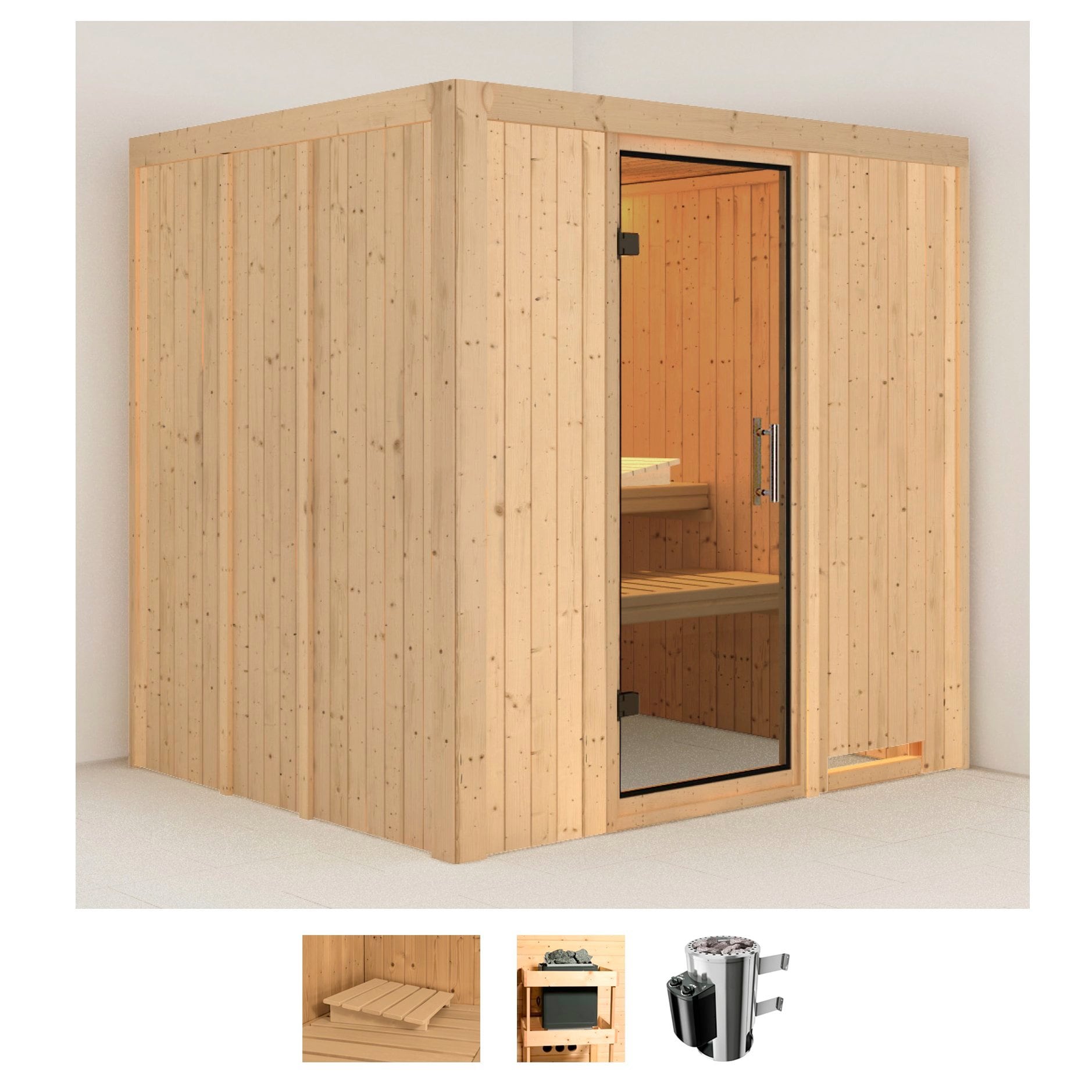 Sauna KARIBU "Dima", beige (naturbelassen), Saunaofen, integrierte Steuerung, 3,6 kW, Saunen, 3,6-kW-Plug & Play Ofen mit integrierter Steuerung Image