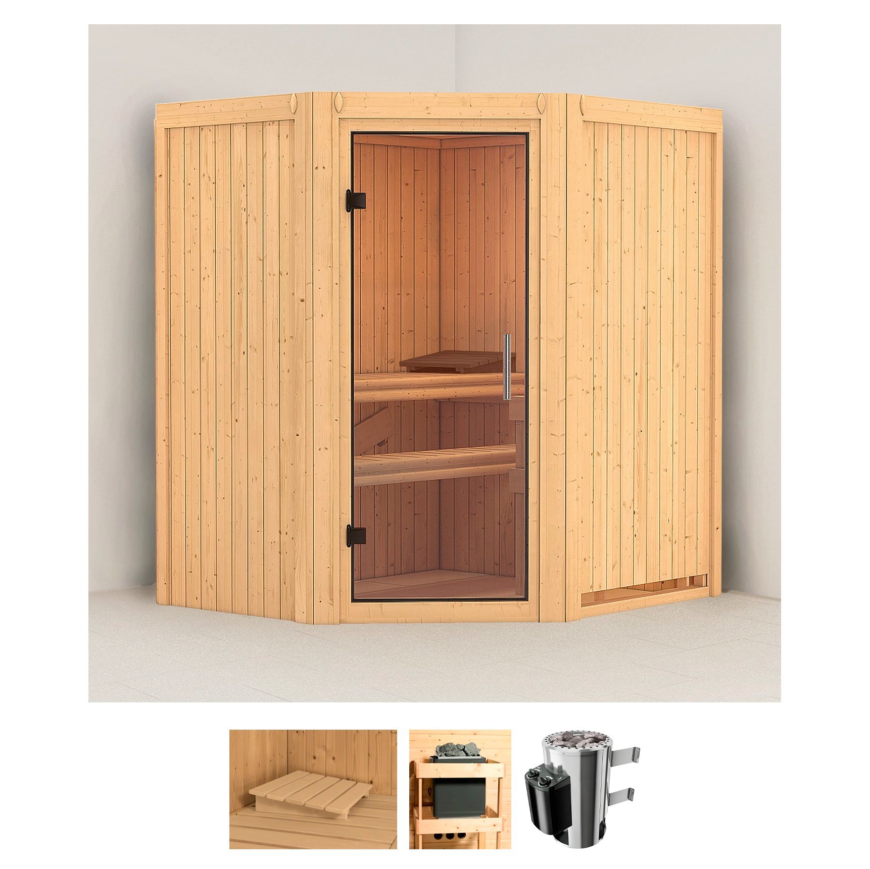 Sauna KARIBU "Tomke", beige (naturbelassen), Saunaofen, integrierte Steuerung, 3,6 kW, Saunen, 3,6-kW-Plug & Play Ofen mit integrierter Steuerung Image