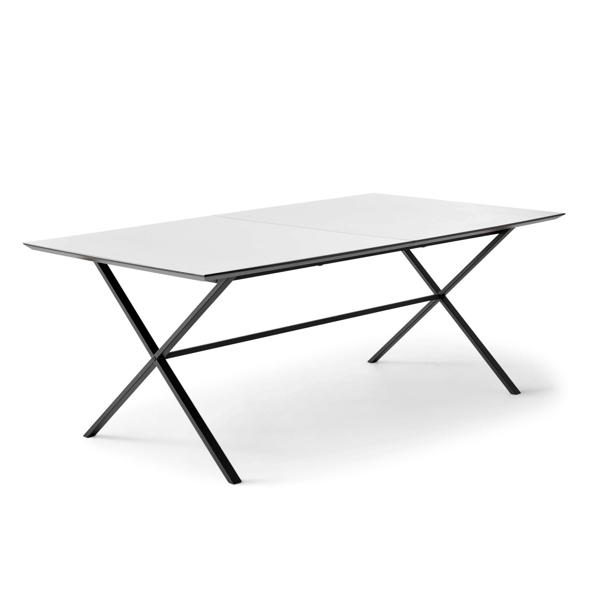 Esstisch HAMMEL FURNITURE "Meza Designtisch mit Auszugsfunktion und 2 Einlegeplatten", weiß (weiß, schwarz, weiß), B:165cm H:74cm T:90cm, Tischplatte: Weiss Laminat (schwarzer Rand), Gestell: Pulverbeschichtetes schwarzes Metall, RAL9005 matt., Tische