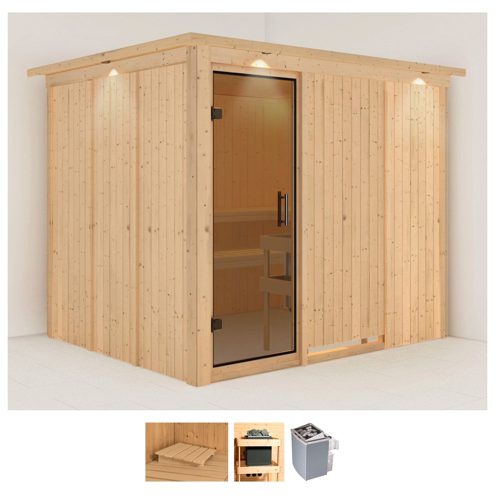 Sauna KARIBU "Gitte", beige (naturbelassen), Saunaofen, integrierte Steuerung, 9 kW, Saunen, 9-kW-Ofen mit integrierter Steuerung Image