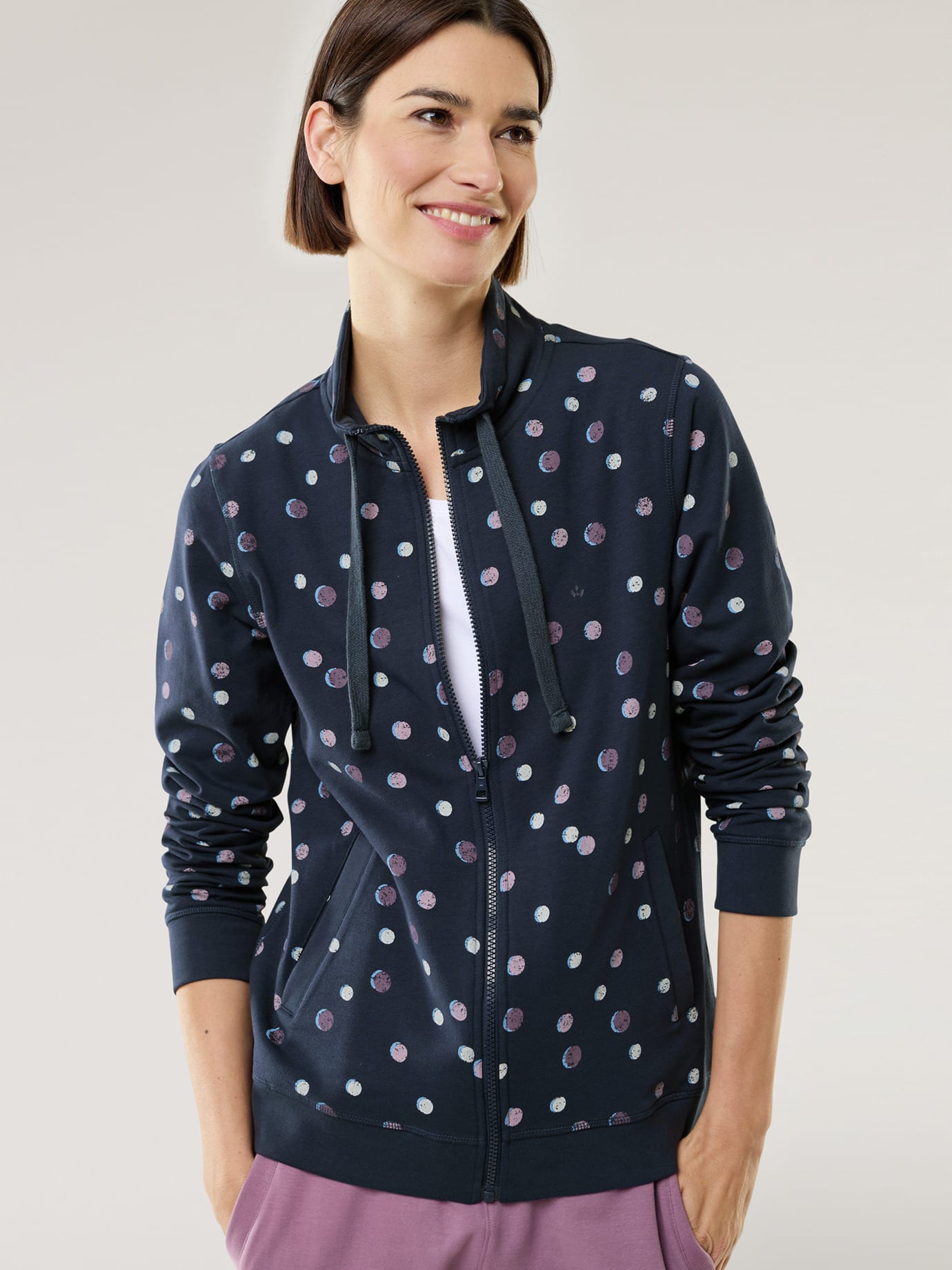 Walbusch Damen Sweat Jacke Soft Touch Blau gepunktet