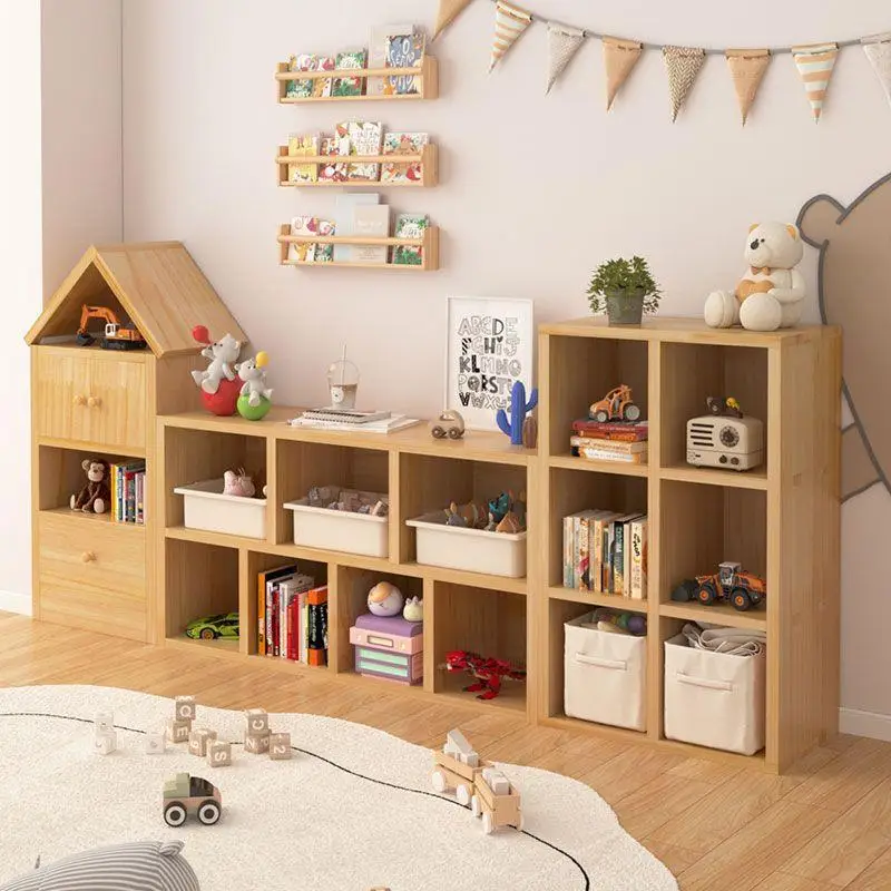 Massivholz-Kinder-Bücherregal, raumhohes Spind, Spielzeug-Display, Aufbewahrungsschrank, Wandkombination, niedriges Bücherregal
