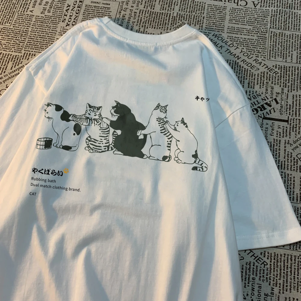 Japan Harajuku Warteschlangen Katze Spaß Druck T-Shirts Lose Übergroßen Kurzarm Mode Casual Kleidung Weiche Baumwolle Hip Hop Tees