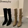 Vintage Plissee Frau Kniehohe Stiefel Elegante Niedrigen Absatz Herbst Winter Schuhe Damen Spitz Ritter Lange Booties