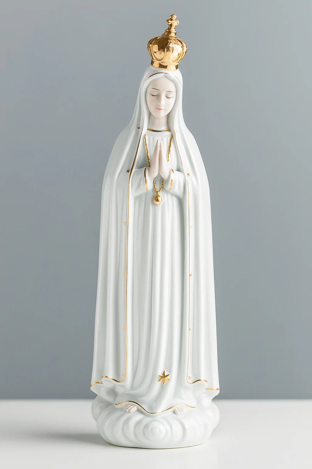Statua della Nostra Signora di Fatima da 12 pollici Figurina della Vergine Maria in ceramica bianca con corona dorata per la decorazione domestica Altare Regalo cattolico cristiano