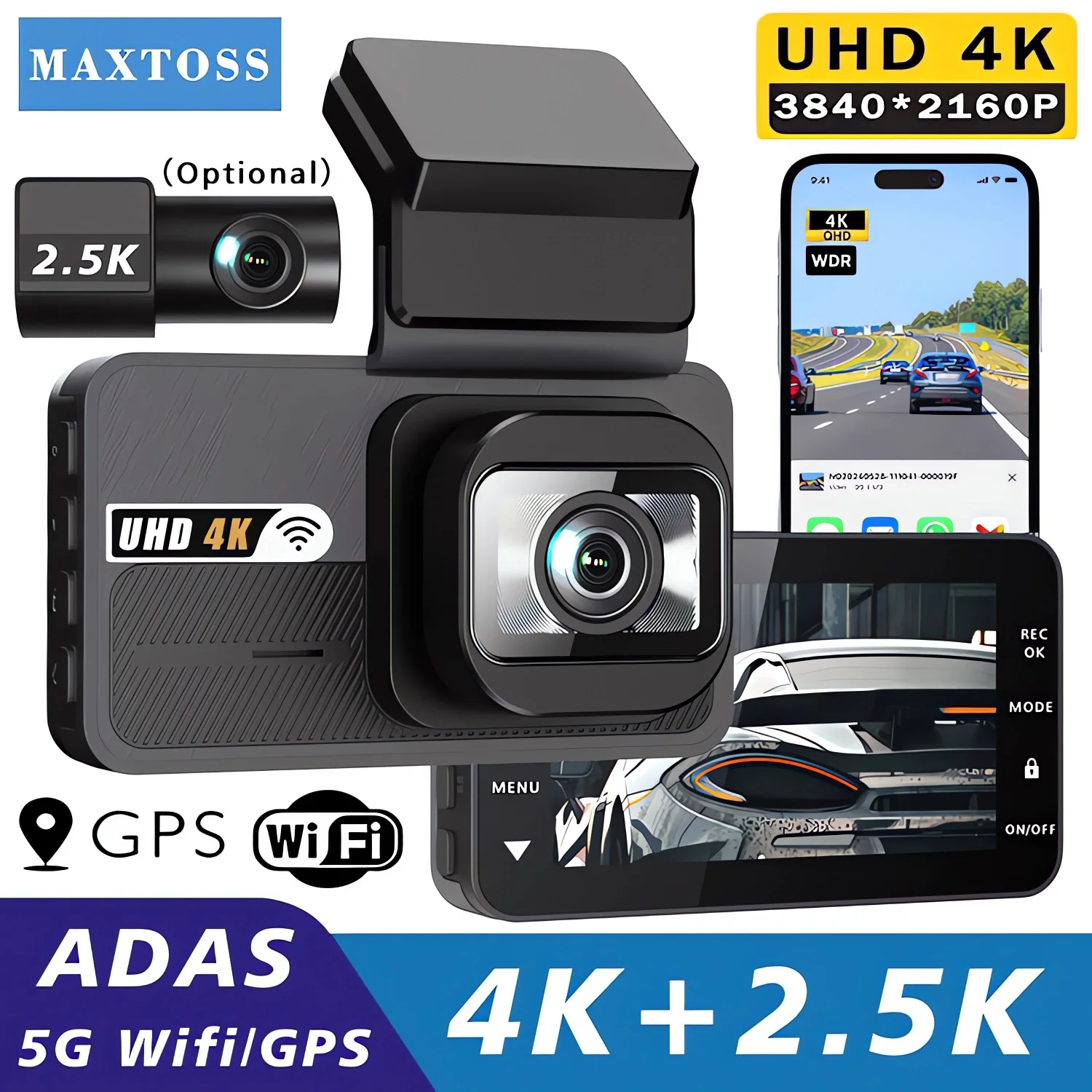 4K + 2,5K Dash Cam WIFI ADAS GPS Auto DVR Kamera Dual Objektiv Dashcam Video Drive Recorder Registrar Black Box AI Fahrer Unterstützung Image