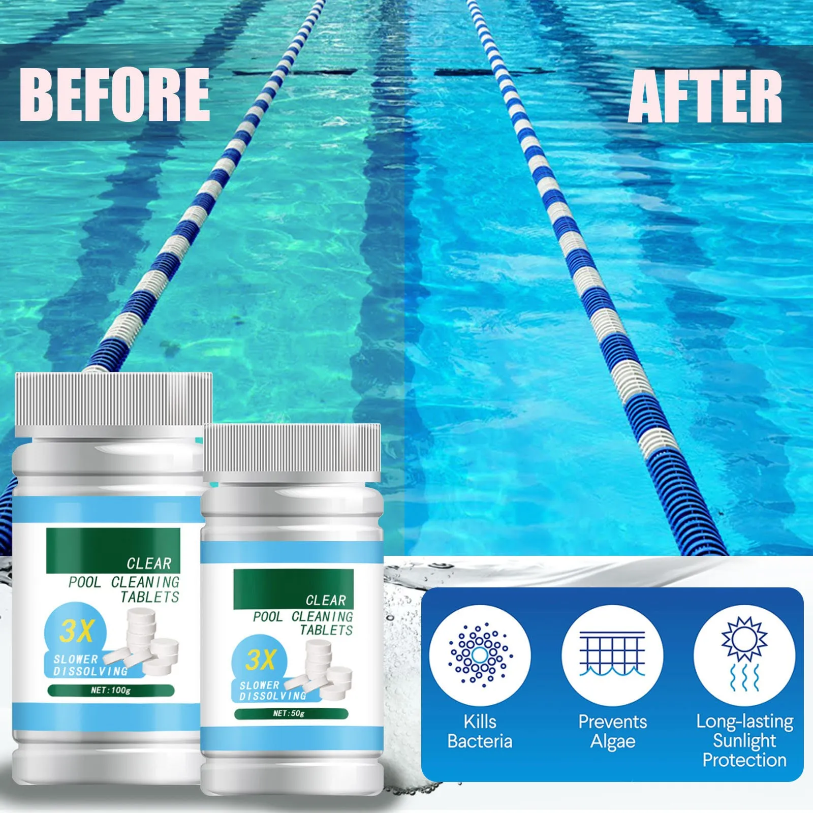 Comprimés effervescents pour piscine, nettoyage instantané de la piscine, comprimés effervescents pour le nettoyage de l'eau de la piscine