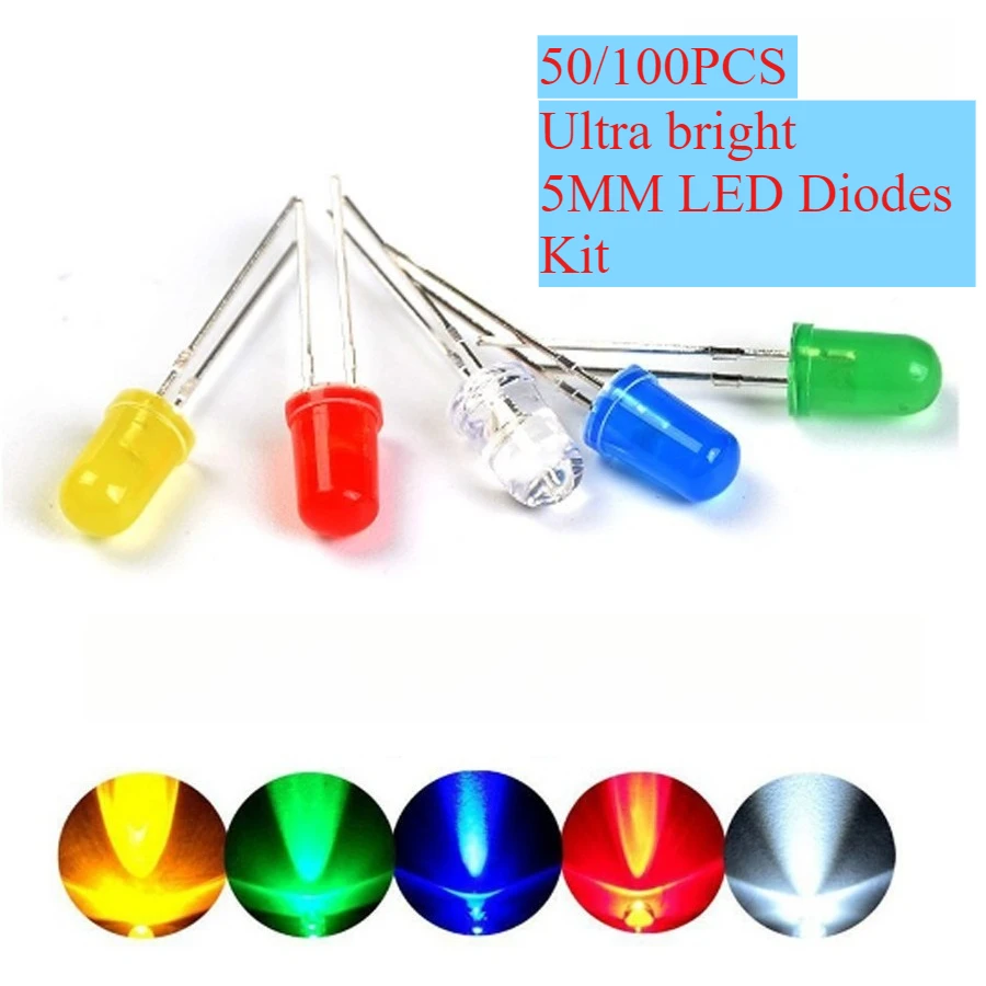 50/100 Stück LED-Dioden-Sortiment-Set, F5, 5 mm, ultrahelle LED-Dioden, weiß, rot, blau, grün, gelb, für DIY-Leuchtdioden Image