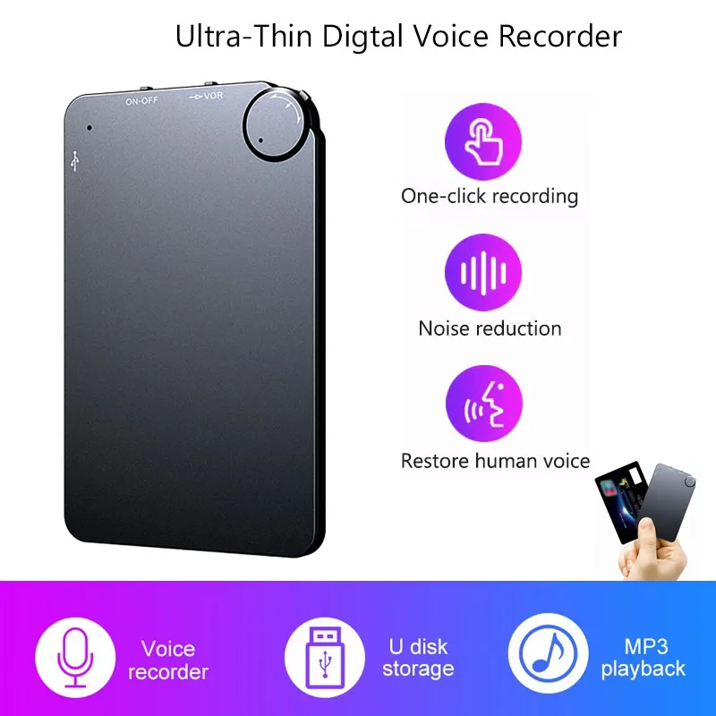 Scheda ultrasottile Registratore vocale digitale portatile Riduzione intelligente del rumore Chiavetta USB Dittafono Registrazione audio Lettore MP3