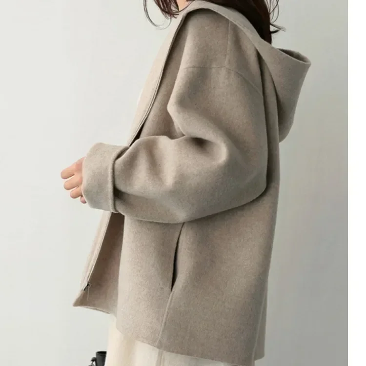 Cappotto di lana con cappuccio donna autunno inverno nuova versione edizione coreana giacca di lana casual moda tinta unita allentata Y2k streetwear