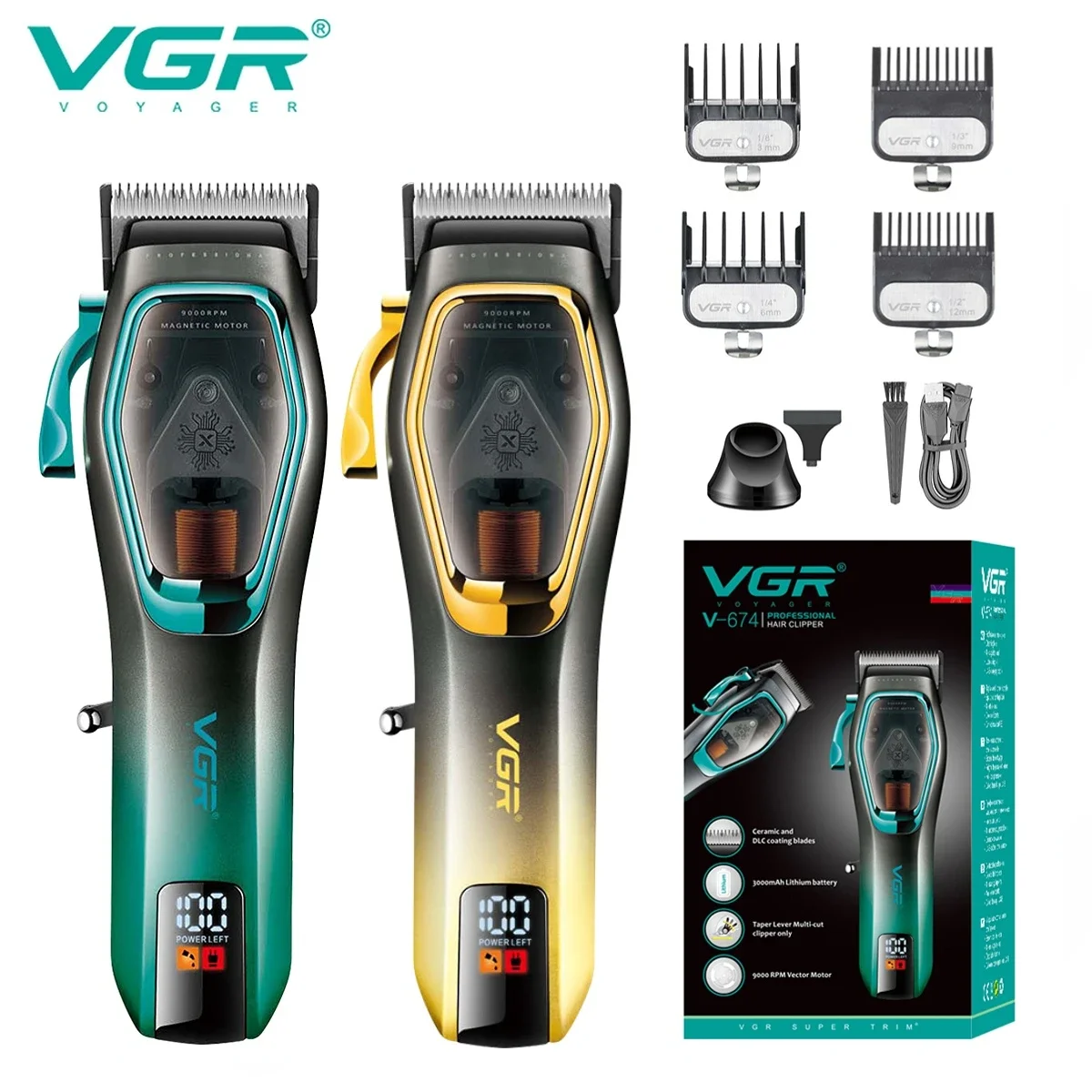 VGR Haarschneidemaschine, professioneller Haarschneider, 9000 U/min, Haarschneidemaschine, verstellbarer Friseur-Haarschnitt, LED-Trimmer für Männer V-674 Image