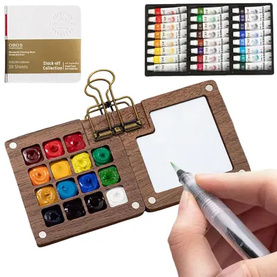 Travel Paint Palette Pocket Artist Watercolor Set Mini Watercolor Palette Set Wooden Grid Paint Box Gift for Kids