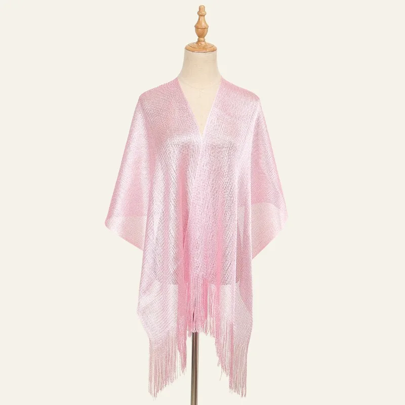 Sexy Mode Helle Seide Sonnencreme Schal Gold Silber Glänzende Schals für Frauen Spitze Quaste Party Abendkleid Schal Dekoration