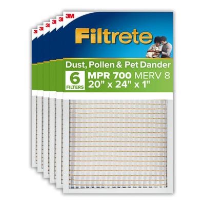 Filtrete 20 x 24 x 1 Air Filter, MPR 700, Merv 8, Dust, Pollen & Pet Dander, 3 Month Pleated 1 inch Electrostatic Air Filters, 6 HVAC Filters