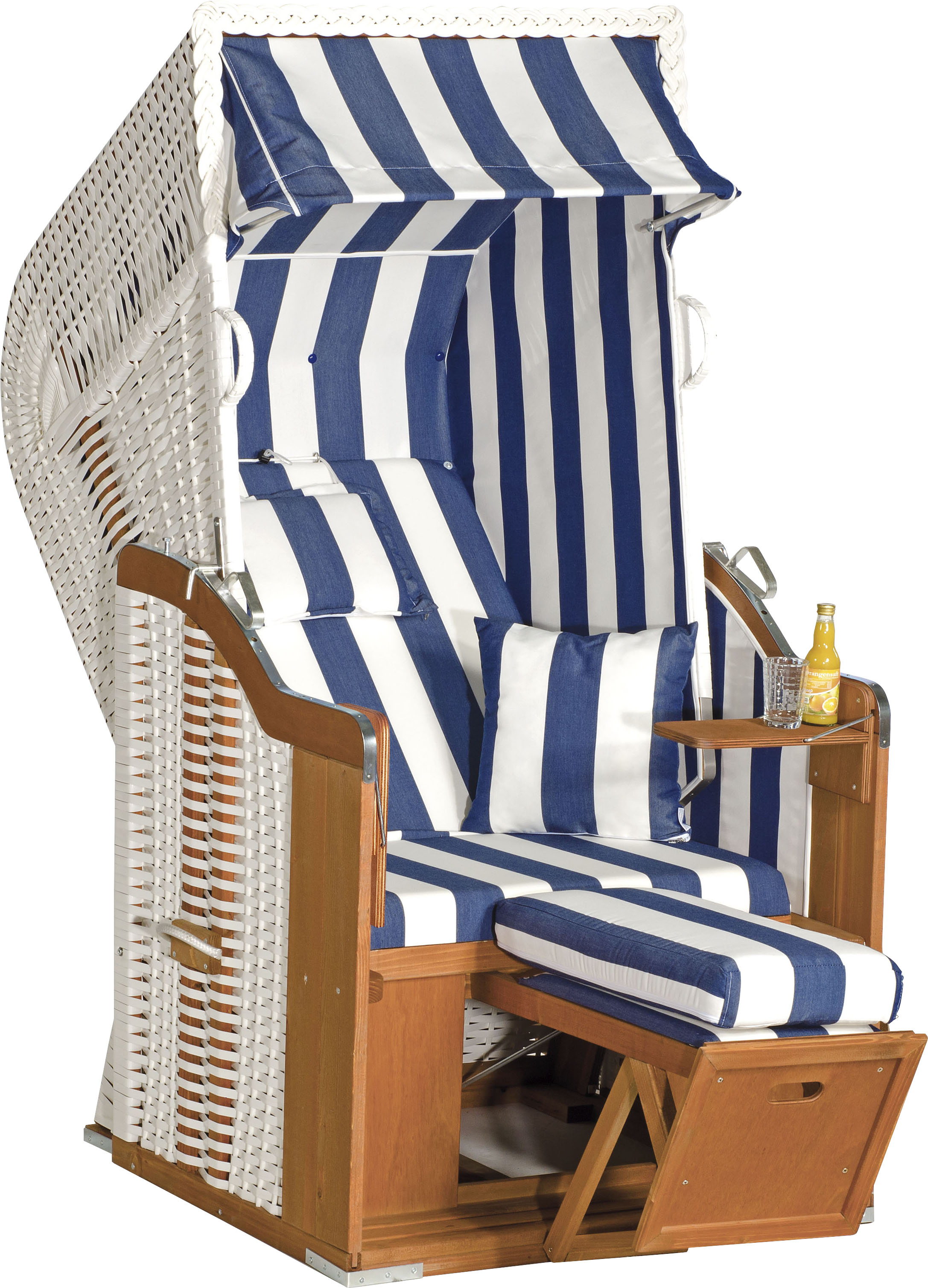 Strandkorb SUNNYSMART "Rustikal 250 Plus 1-Sitzer", weiß (korpus: natur, weiß bezug: blau, weiß), StrandkörbeB:95cm H:160cm T:90cm, 1-Sitzer, komplett montiert, Oberkorb in einem Stück geflochten, B:95cm H:160cm T:90cm