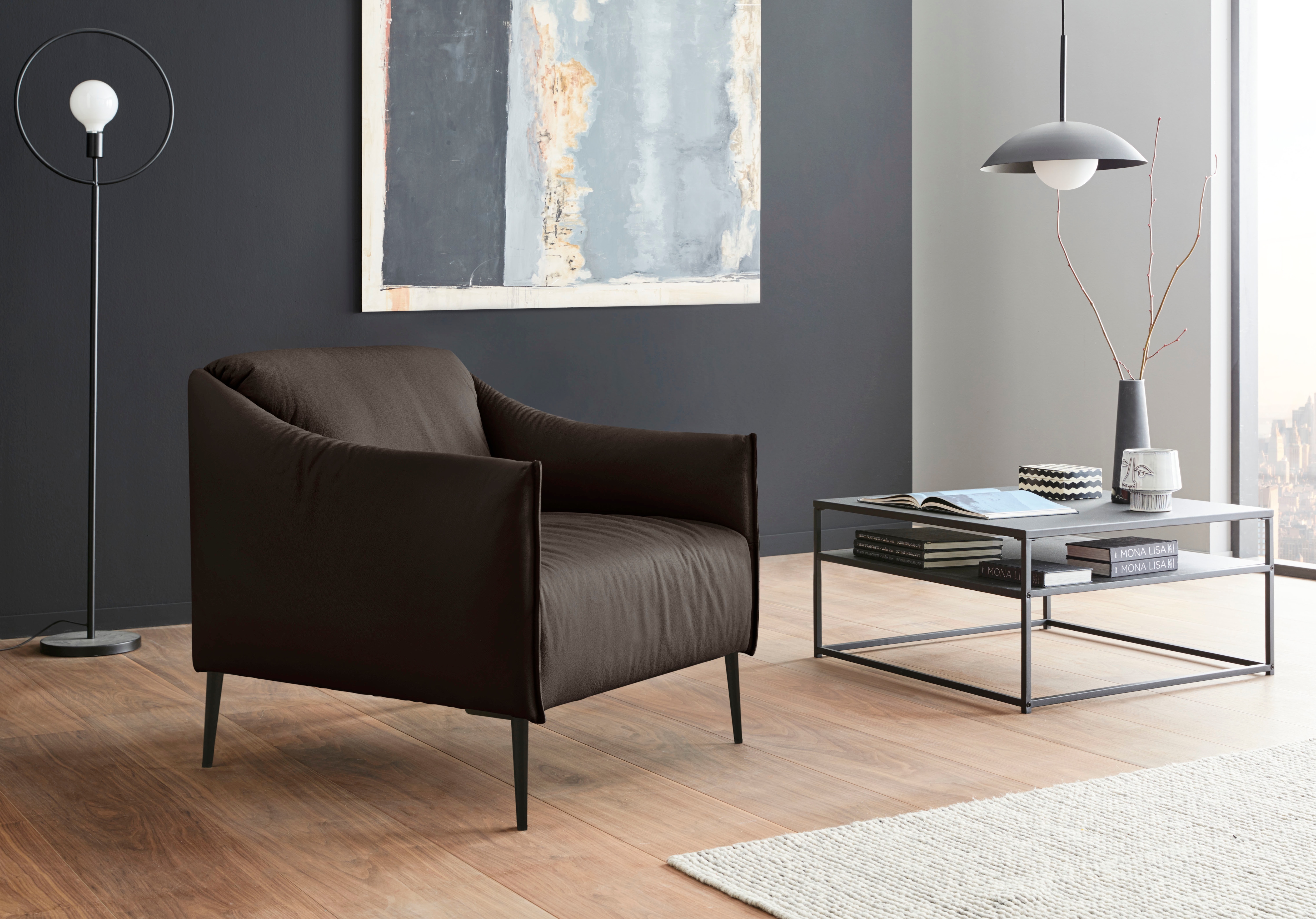 Cocktailsessel W.SCHILLIG "sally", braun (braun z59), B:84cm H:78cm T:84cm, Longlife Xtra-Leder Z59: Glattleder mit modischer Prägung. Hautstärke 0, 9 - 1, 1 mm., Sessel, mit Metallfüßen in Schwarz pulverbeschichtet