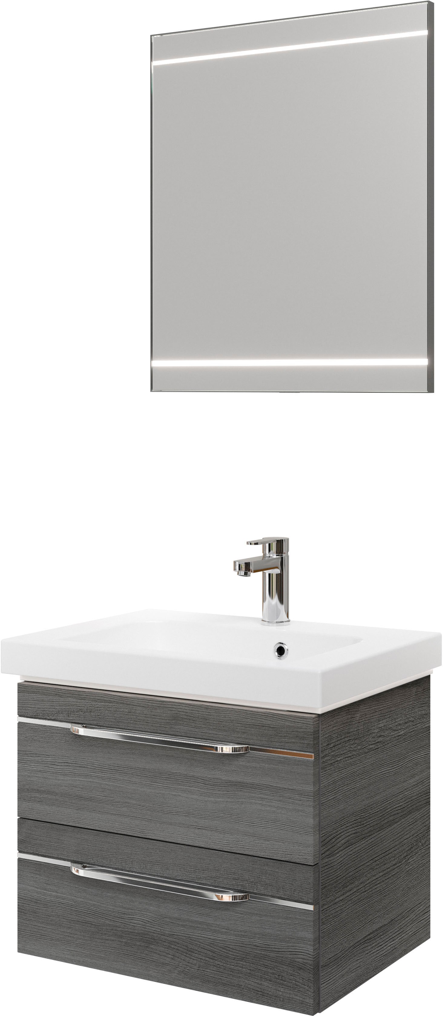 Badmöbel-Set SAPHIR "Balto 2-teilig Mineralmarmor-Waschtisch mit LED-Spiegel, Waschplatz", grau (graphit struktur quer nachbildung mit chromeinlage), B:64,4cm H:200cm T:46cm, Spanplatte, Kastenmöbel-Sets, 64,4 cm breit, mit 2 Schubladen, Badschrank... Image
