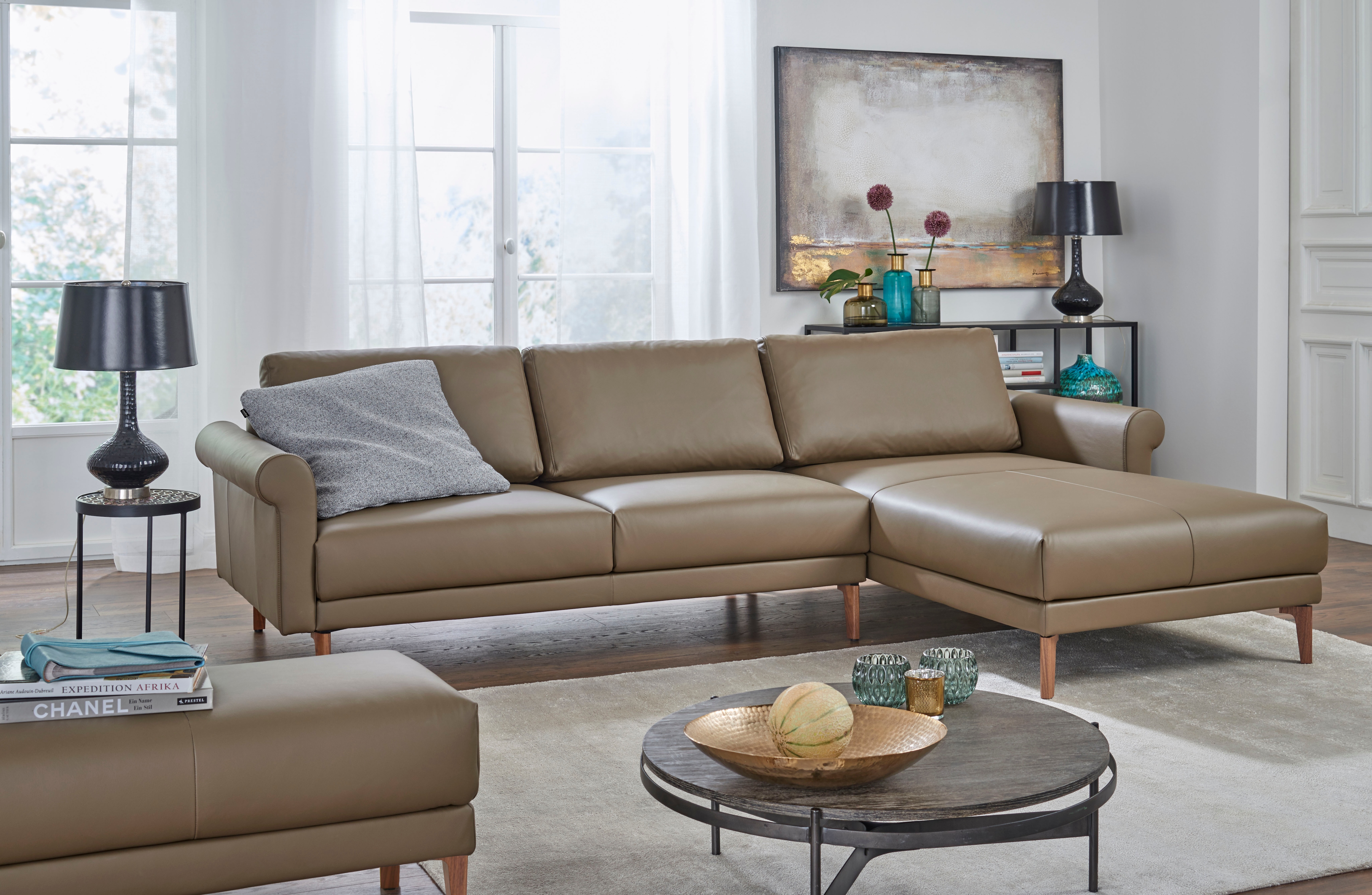 Ecksofa "CR.450, Designecksofa, Polsterecke, L-Form, 282/178 cm (B/T)", beige (beigegrau 534, 26), B:282cm H:85cm T:178cm, NaturLEDER OSKAR (echtes Rindsleder), CREATION BY ROLF BENZ, Sofas, Ecksofa, abgerundete Armlehne Schnecke, modern Landhaus,... Image